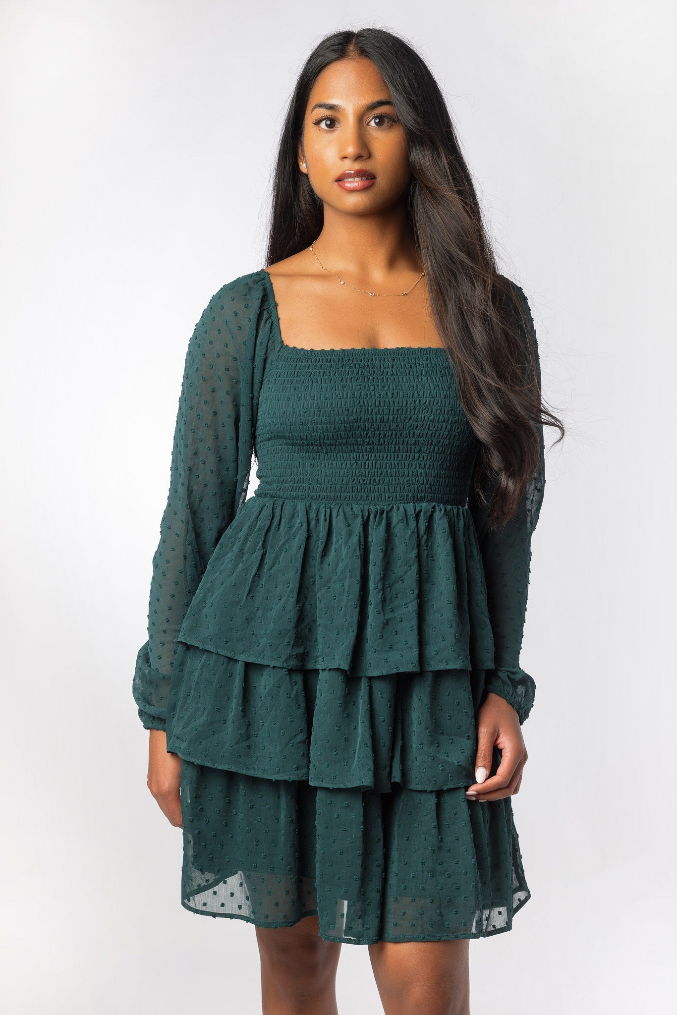 Swiss Dot Chiffon Tiered Dress with Balloon Sleeve