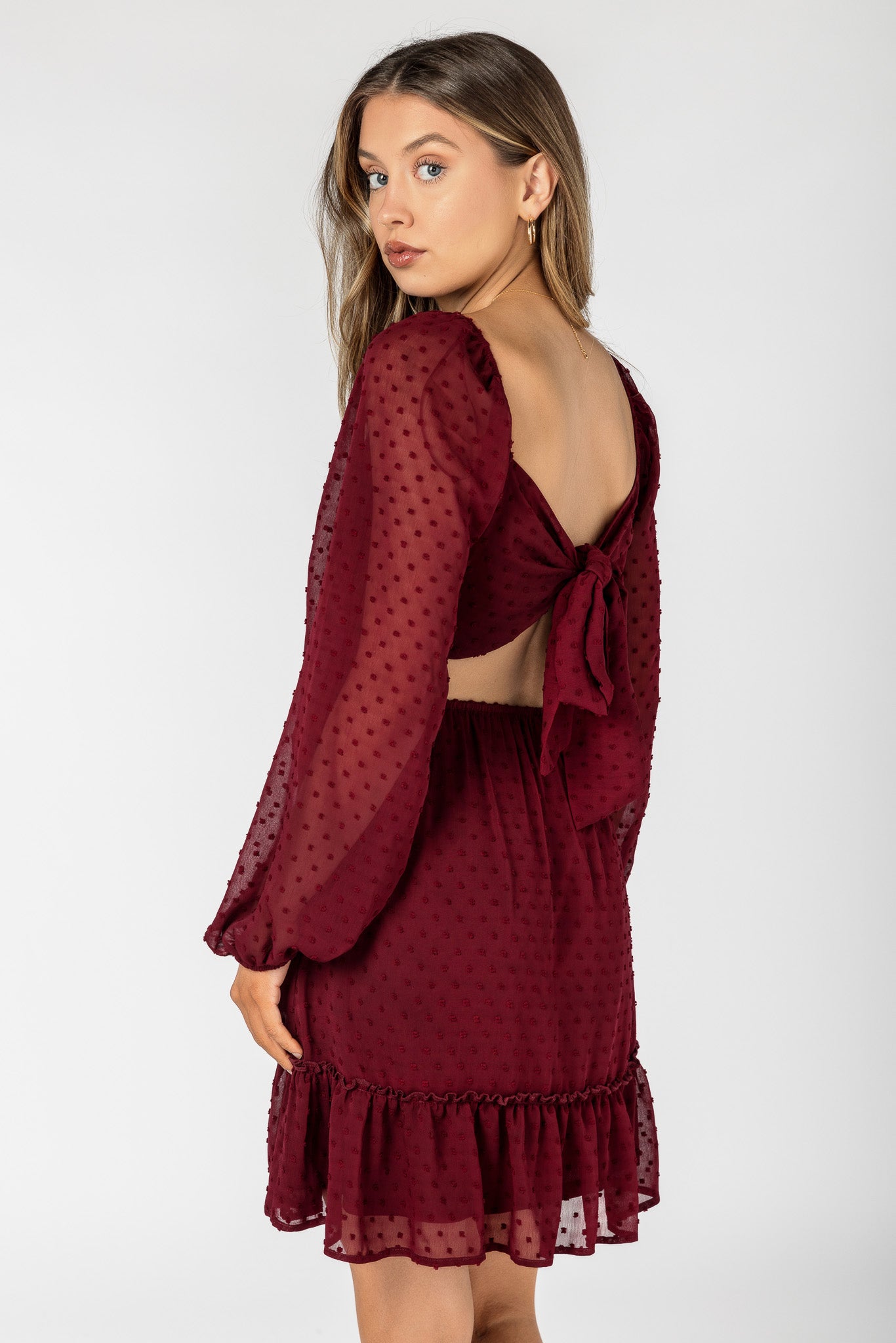 Swiss Dot Chiffon Dress with Tie Back and Balloon Sleeves