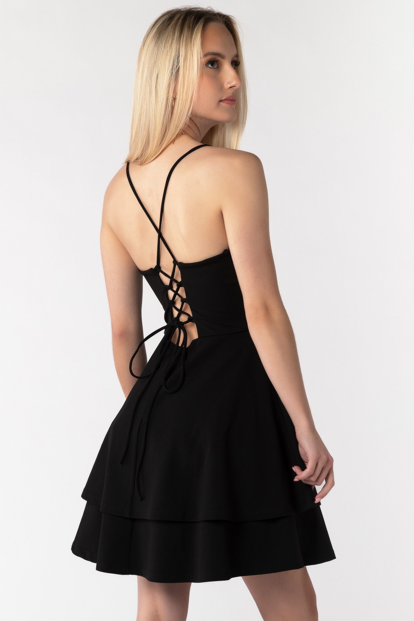 Stretch Crepe Double Hem Lace-Up Skater Dress