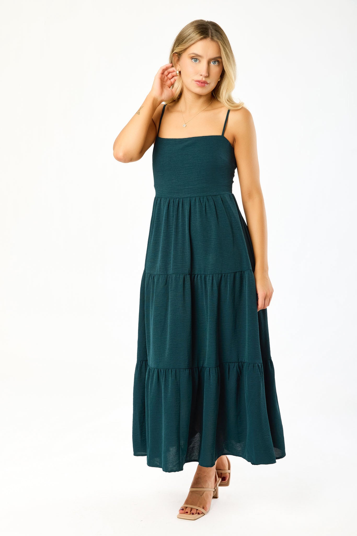 Airflow Sleeveless Tie-Back Tiered Midi Dress