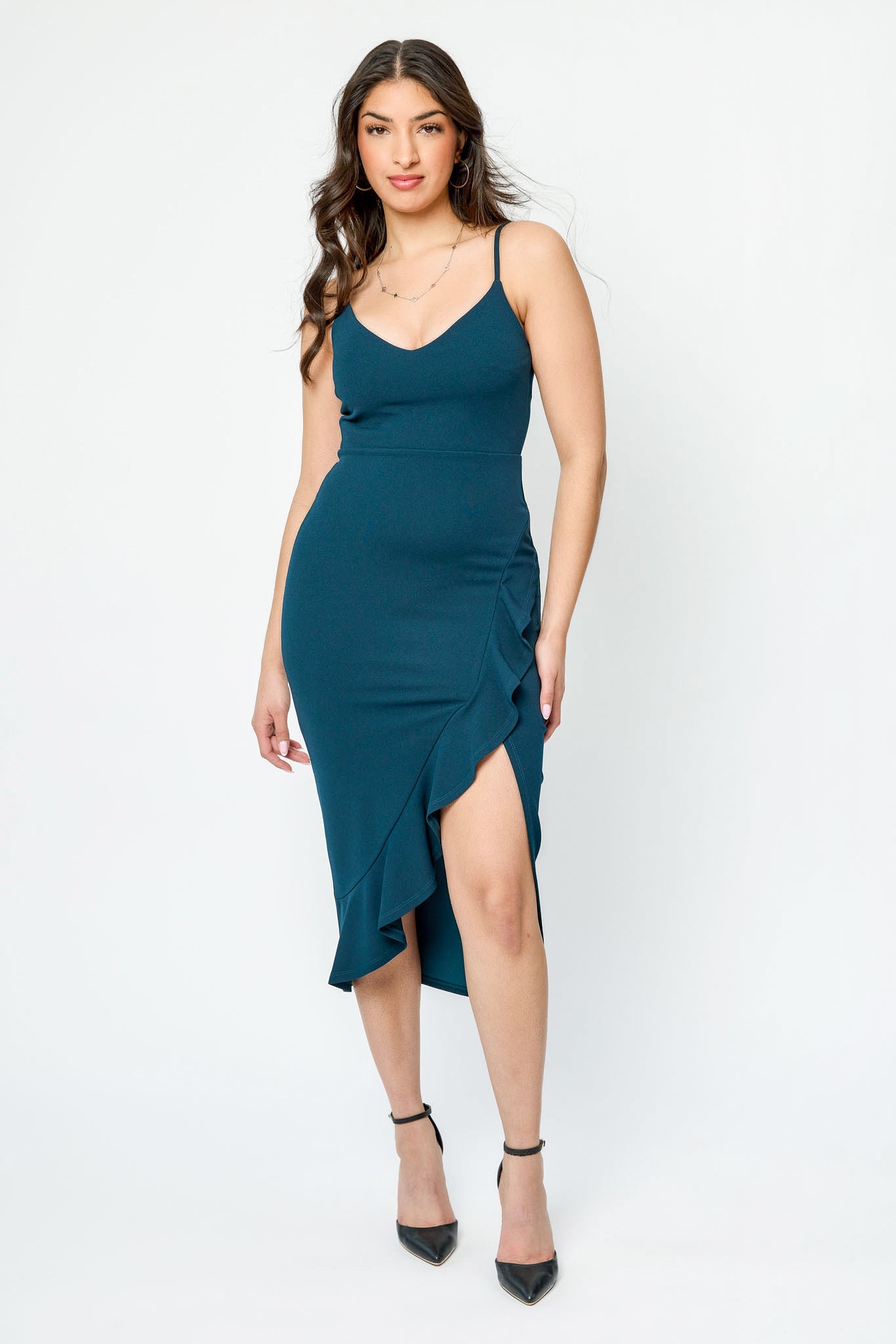 Ruffled V-Neck Midi Dress