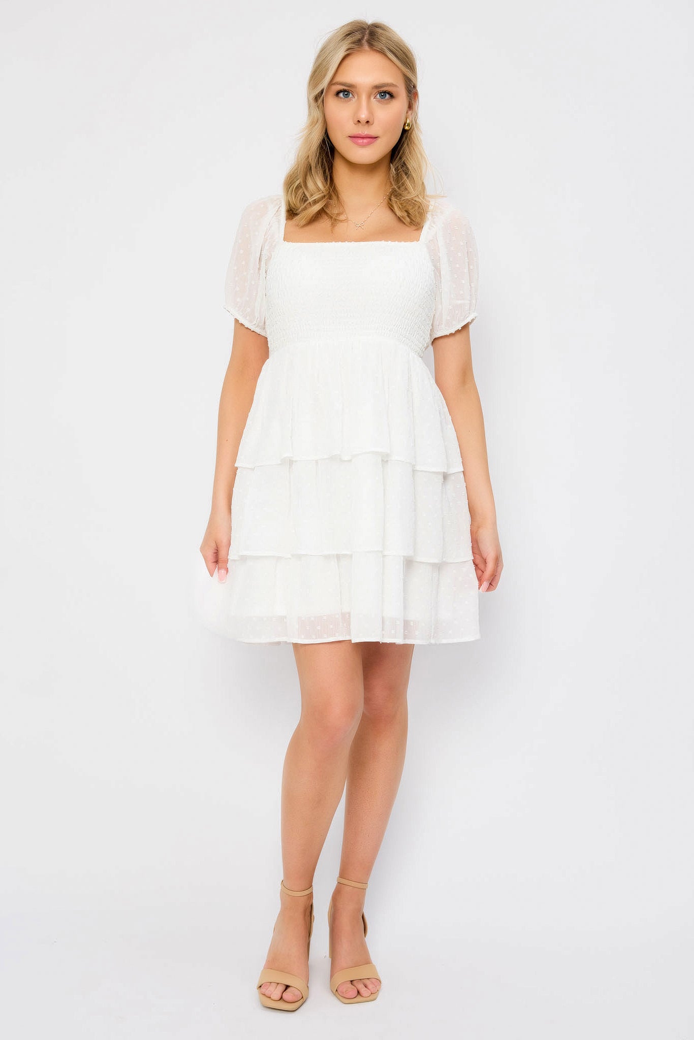 Swiss Dot Chiffon Balloon-Sleeve Tiered Dress