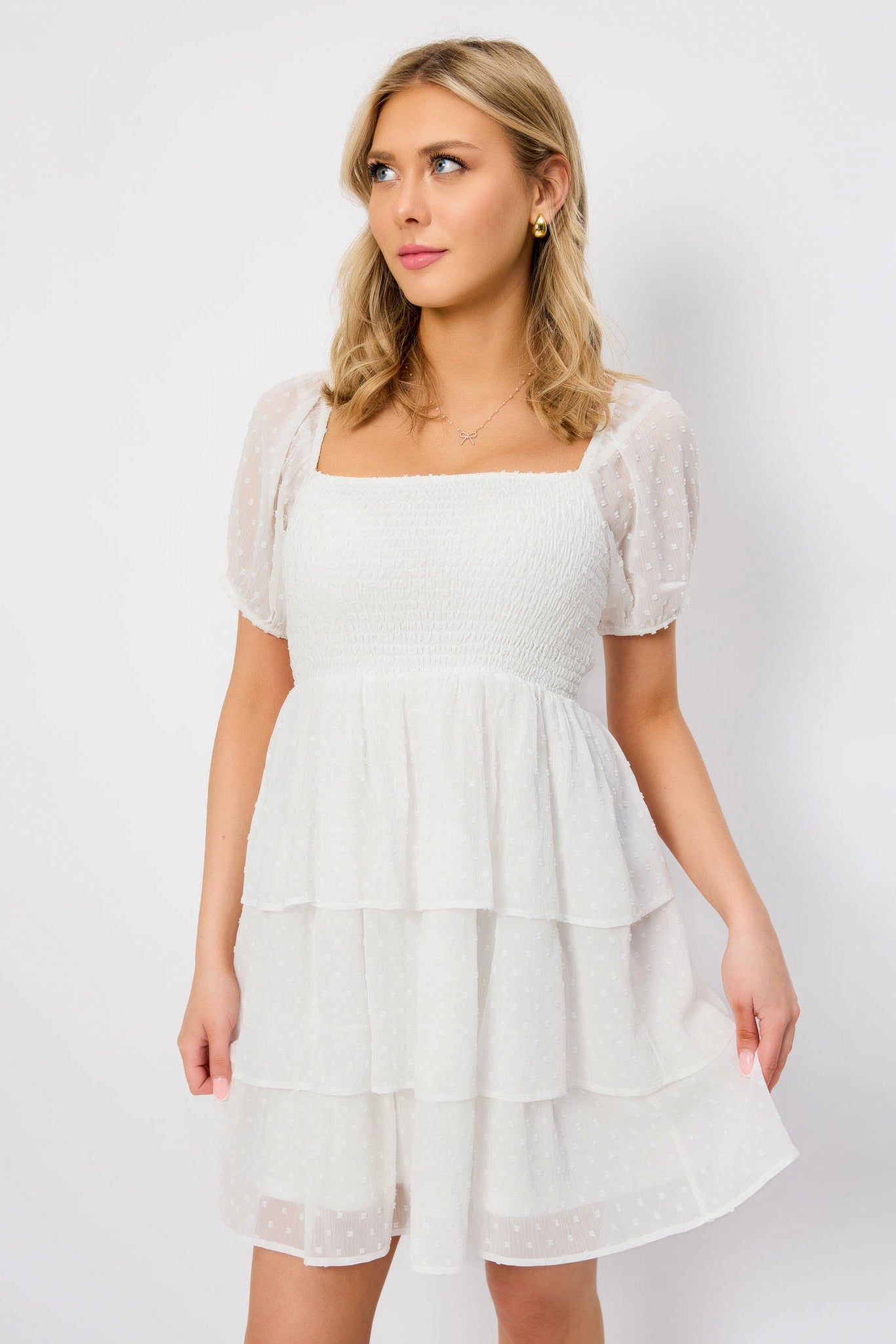 Swiss Dot Chiffon Balloon-Sleeve Tiered Dress