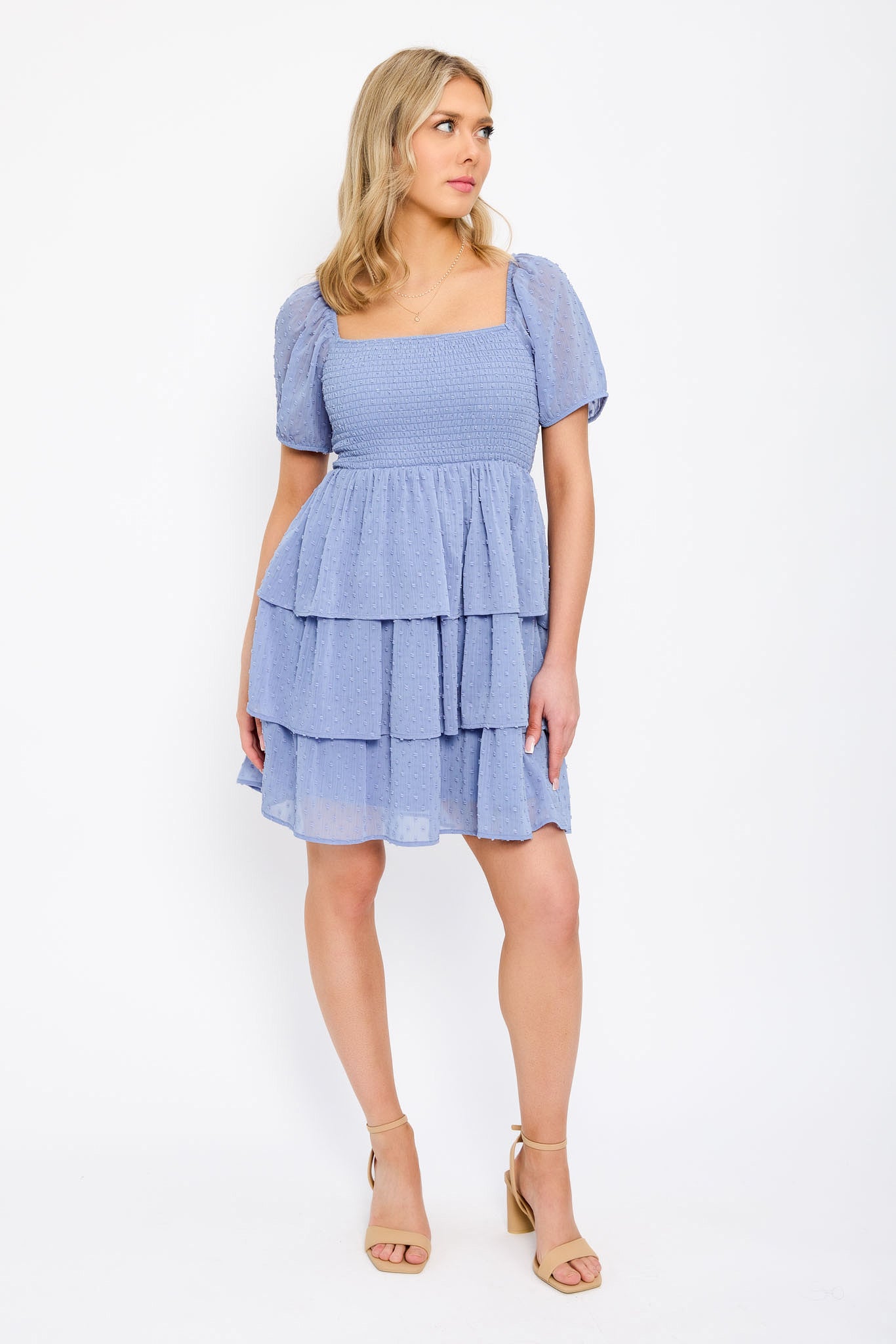 Swiss Dot Chiffon Balloon-Sleeve Tiered Dress