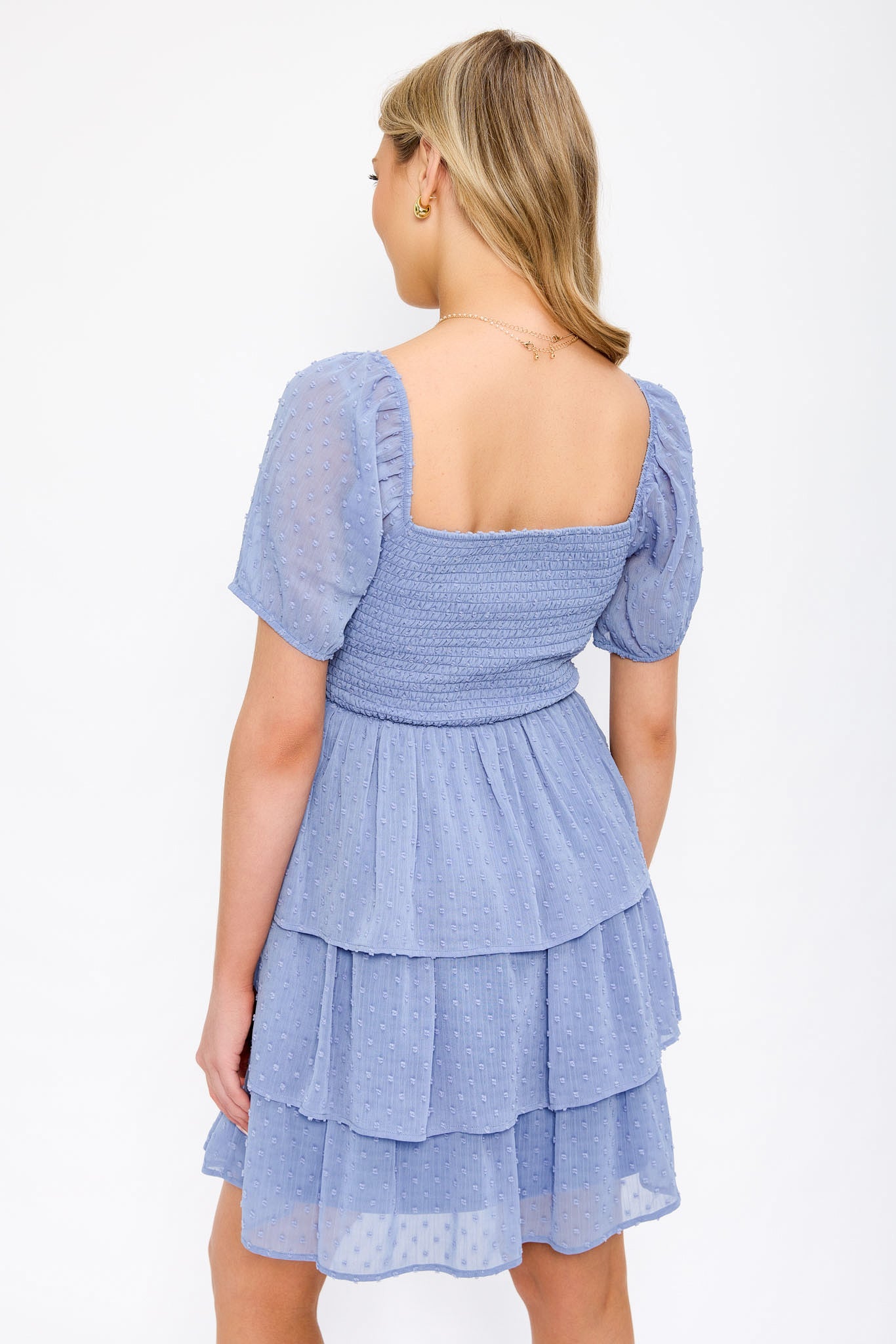 Swiss Dot Chiffon Balloon-Sleeve Tiered Dress