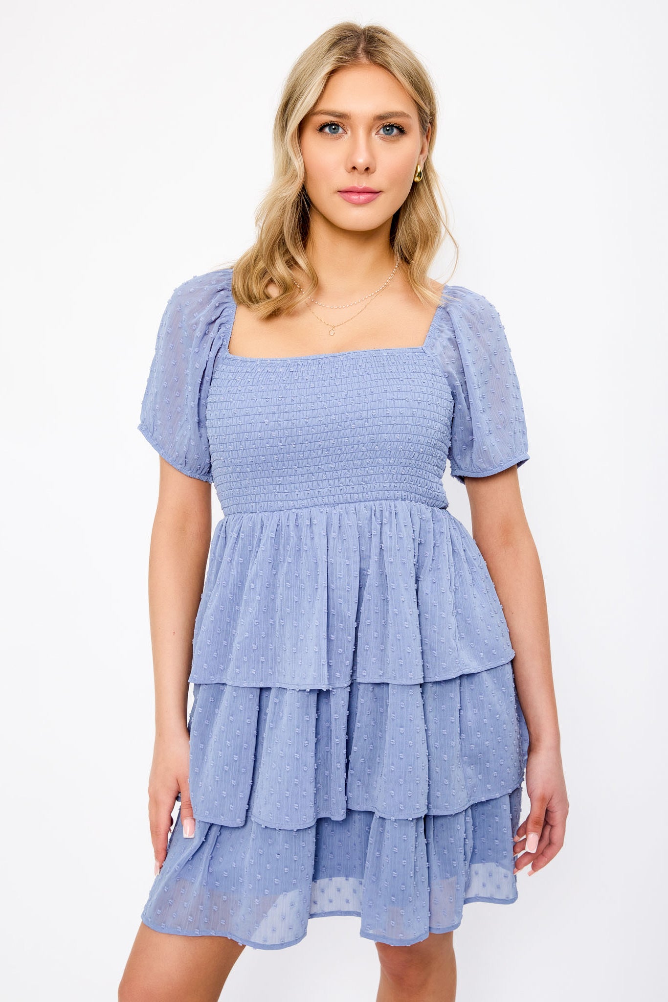 Swiss Dot Chiffon Balloon-Sleeve Tiered Dress