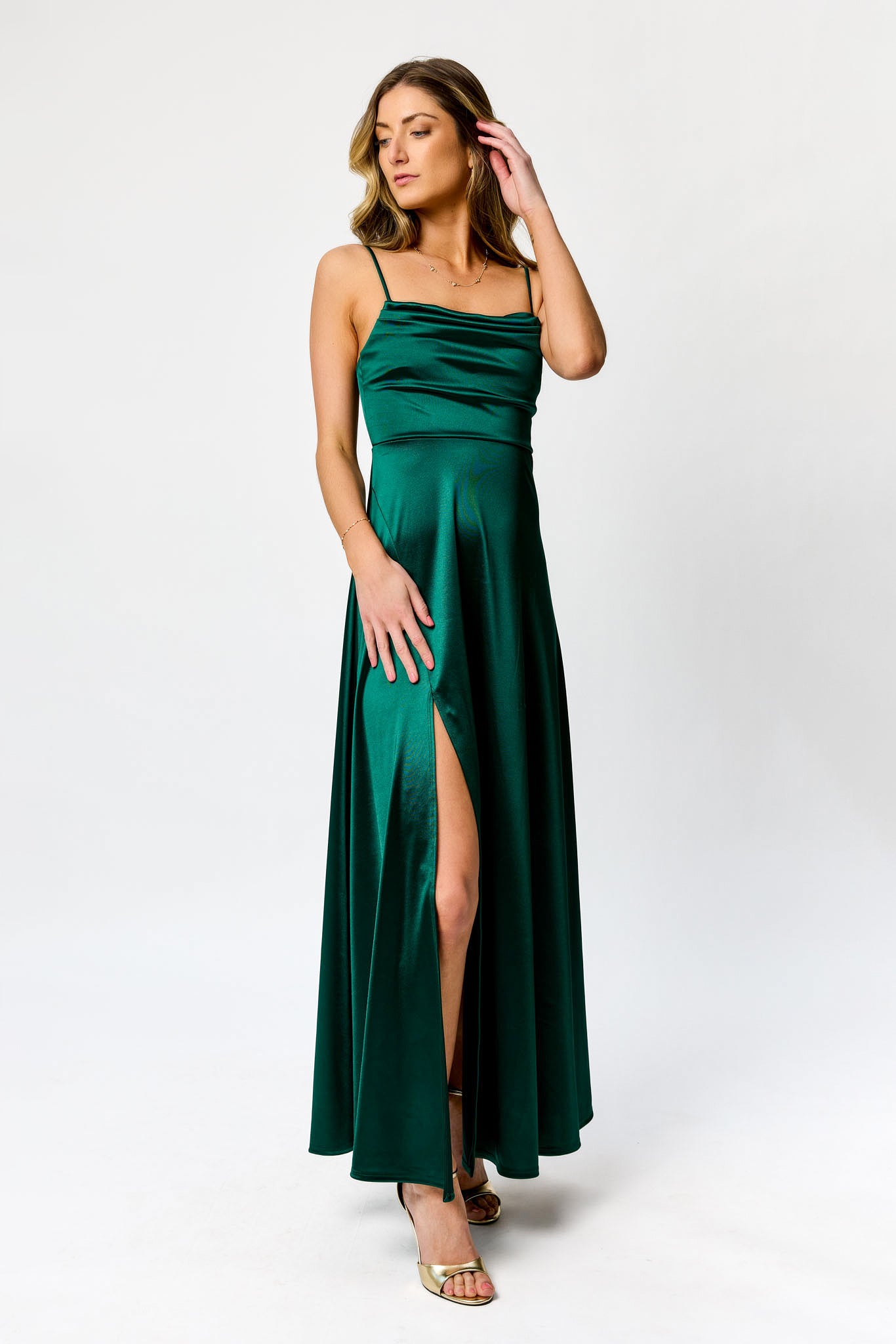 Satin Spaghetti Strap Pleated Bust Maxi Dress with Side Slit