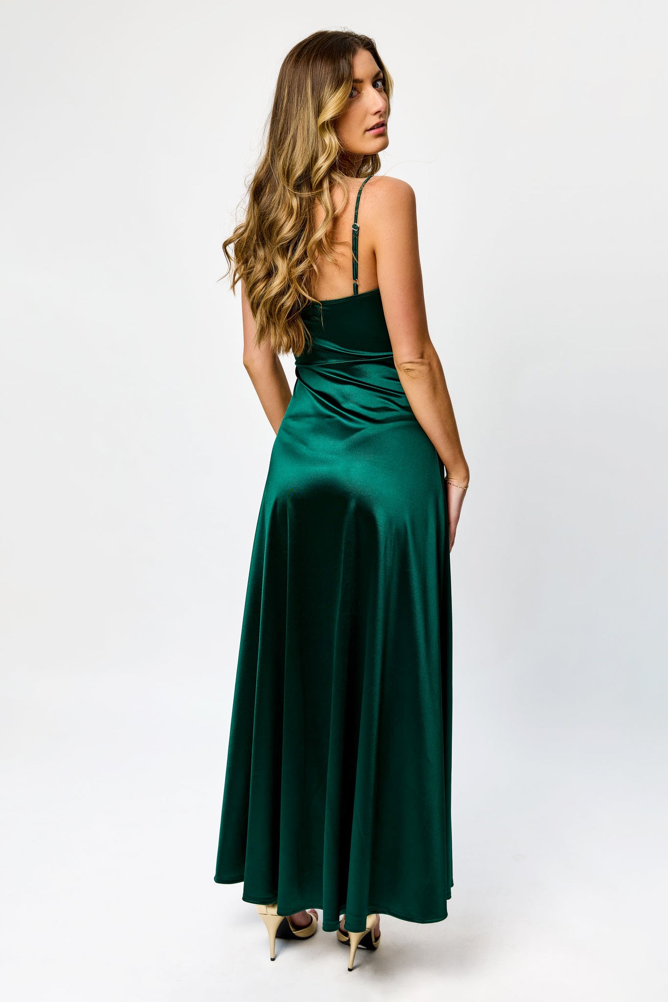 Satin Spaghetti Strap Pleated Bust Maxi Dress with Side Slit