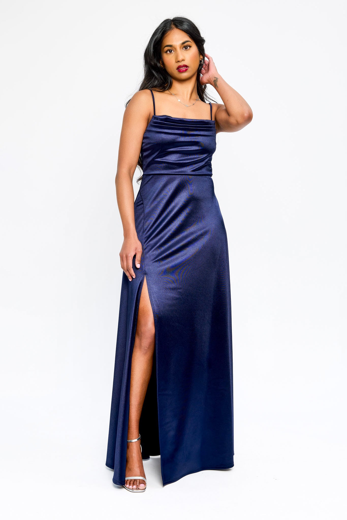 Satin Spaghetti Strap Pleated Bust Maxi Dress with Side Slit