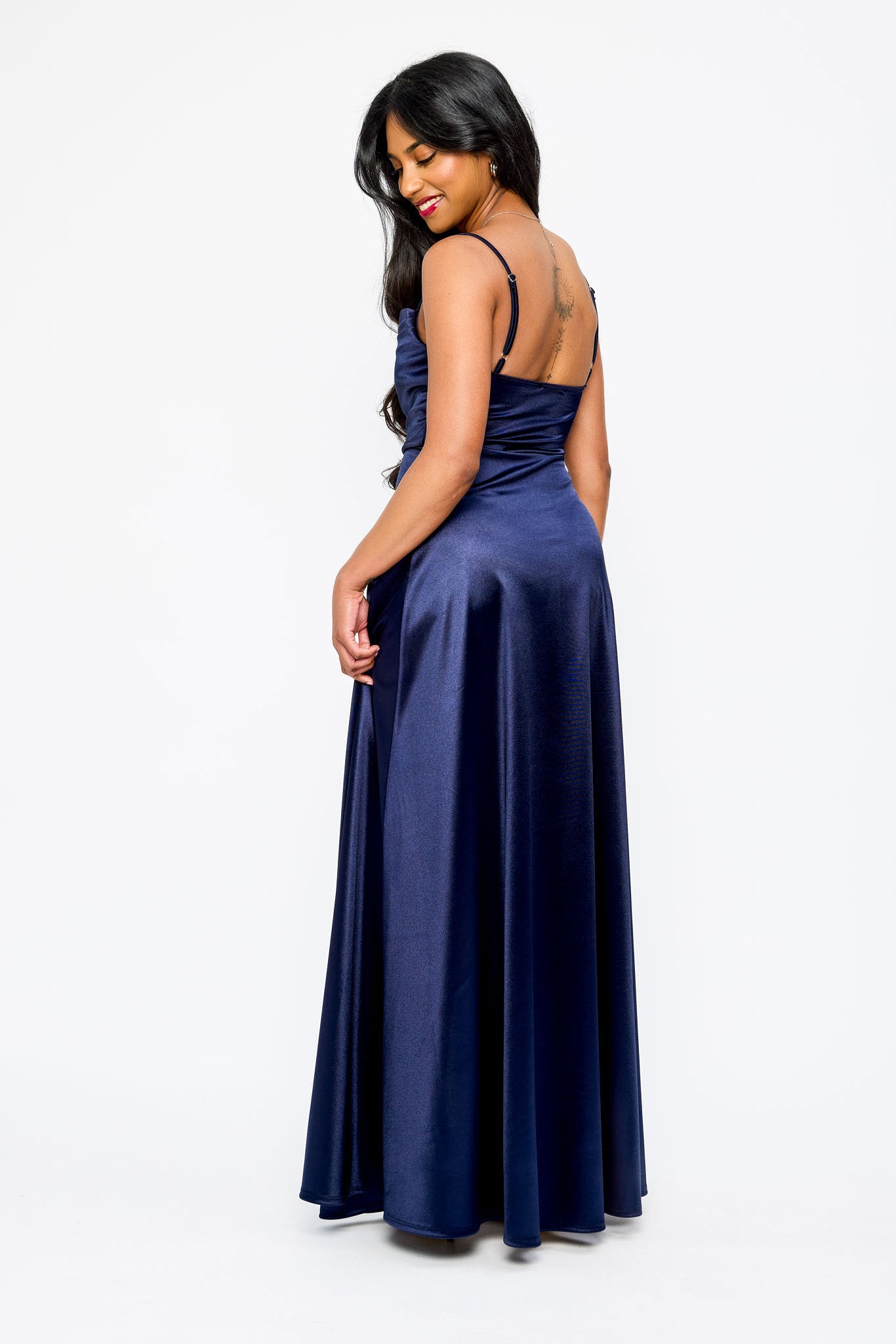 Satin Spaghetti Strap Pleated Bust Maxi Dress with Side Slit