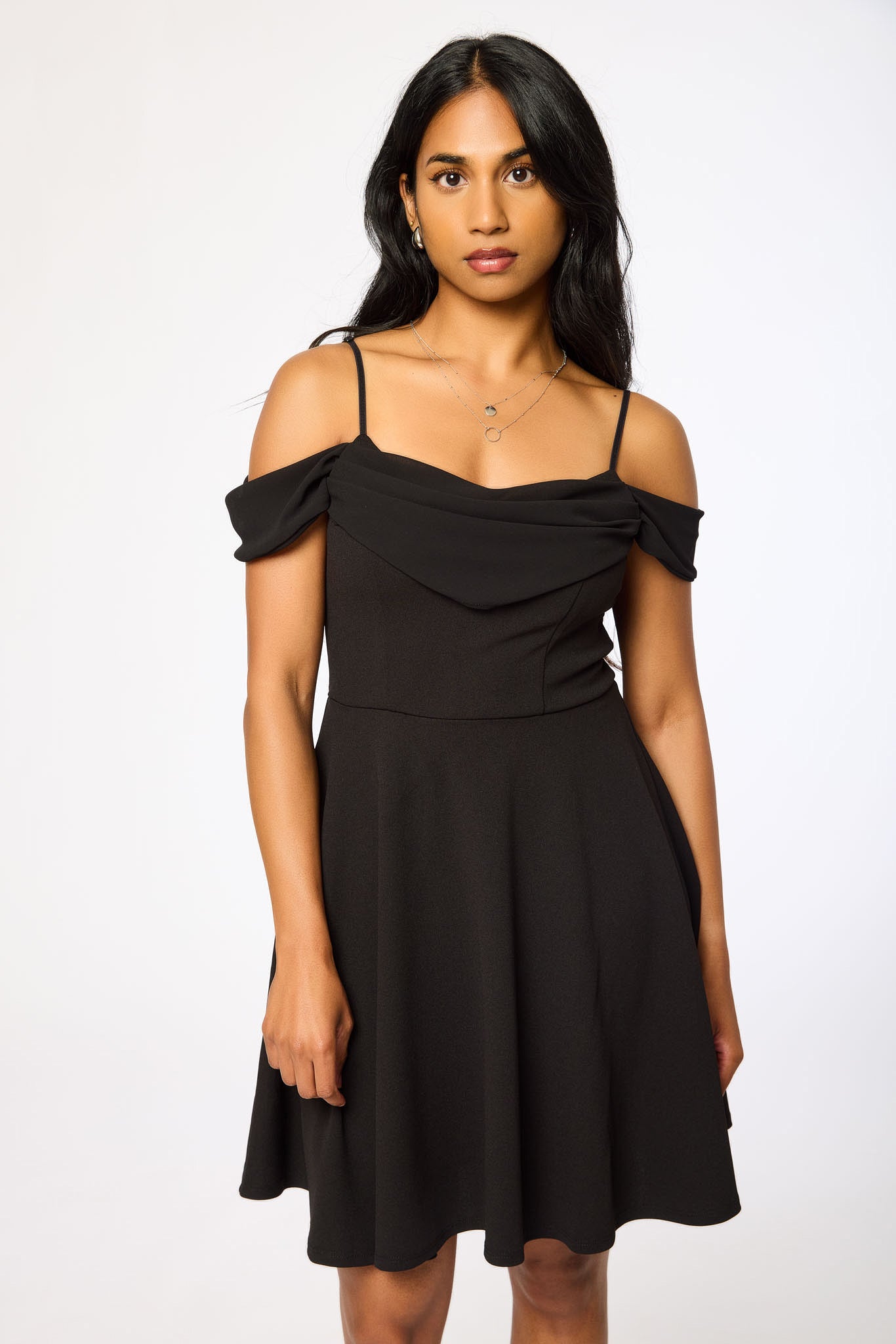 Stretch Crepe Off-The-Shoulder Skater Dress with Chiffon Trim