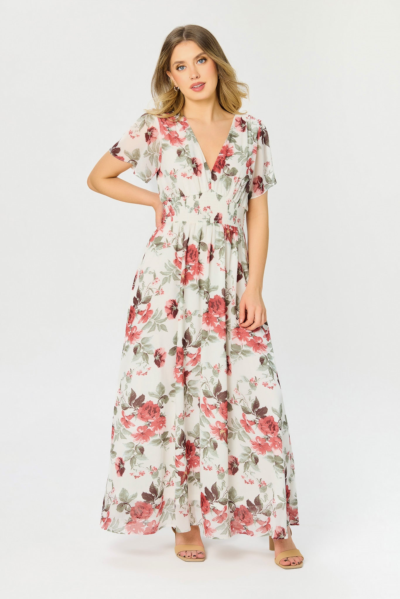 Floral Chiffon Flutter-Sleeve Maxi Dress with Smocked Waist