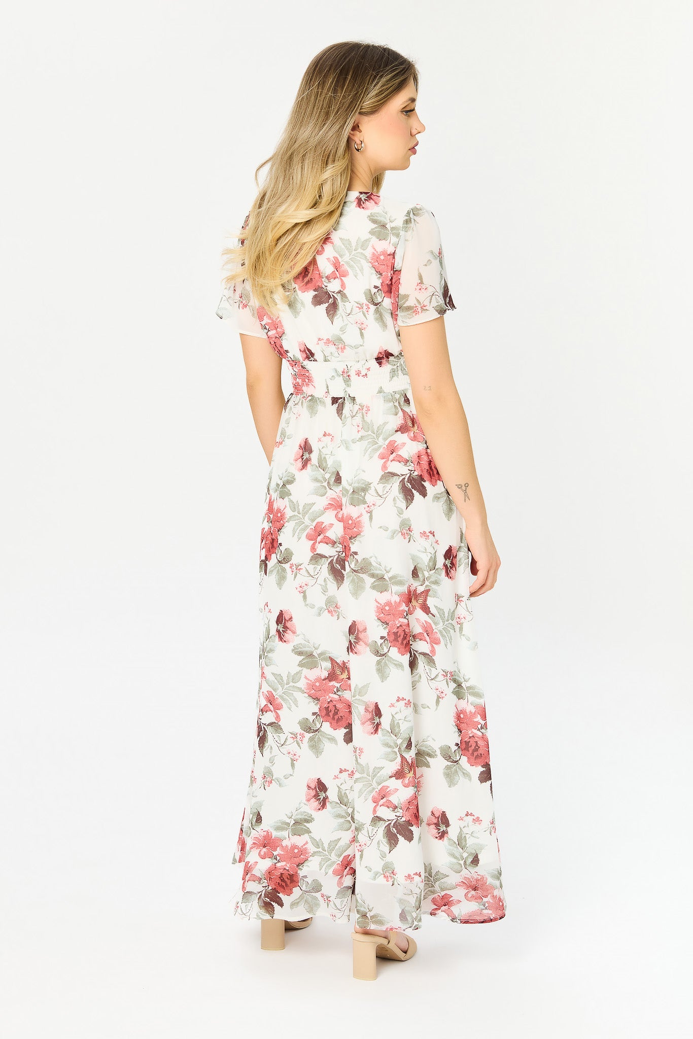 Floral Chiffon Flutter-Sleeve Maxi Dress with Smocked Waist