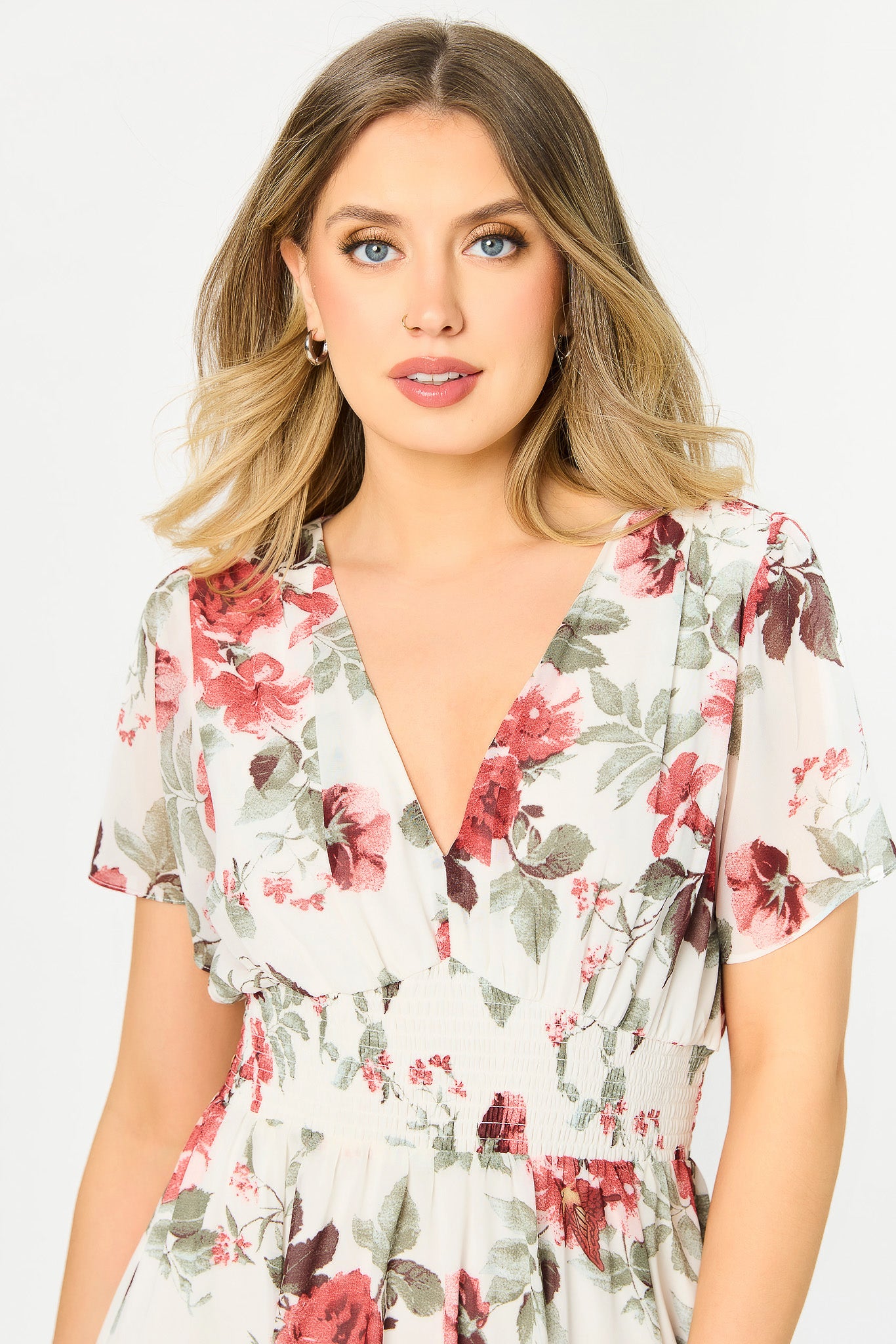 Floral Chiffon Flutter-Sleeve Maxi Dress with Smocked Waist