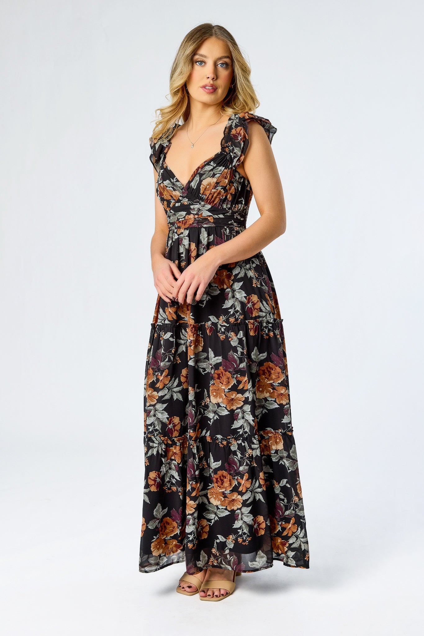 Floral Chiffon Flutter Sleeve Tiered Maxi Dress