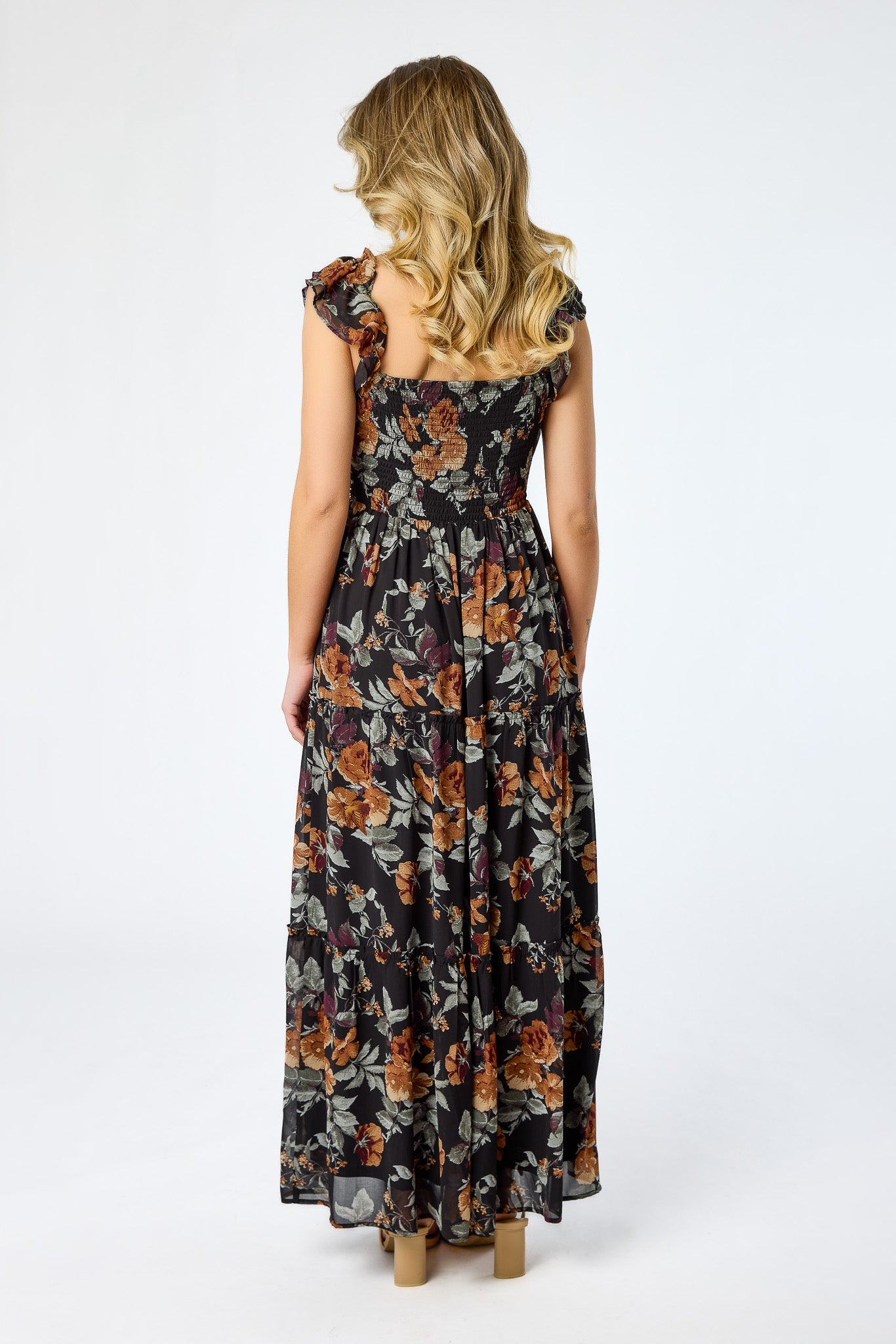 Floral Chiffon Flutter Sleeve Tiered Maxi Dress