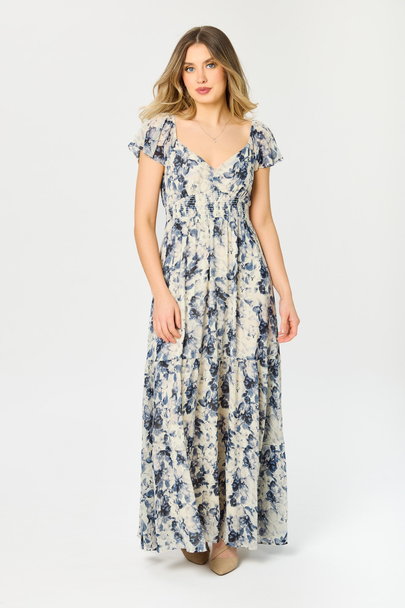 Floral Chiffon V-Neck Flutter-Sleeve Maxi Dress with Smocked Waist