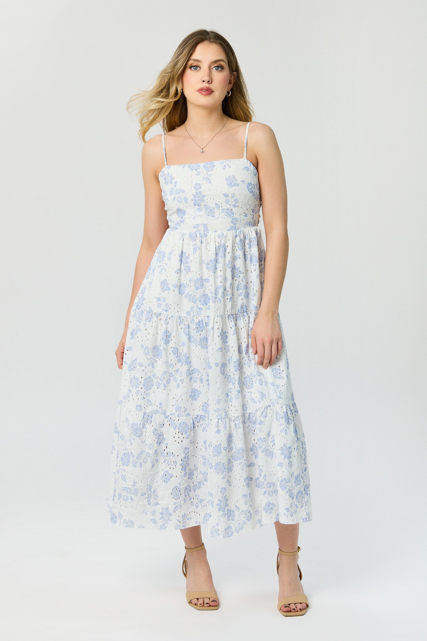 Floral Eyelet Midi Dress with Tie-Back