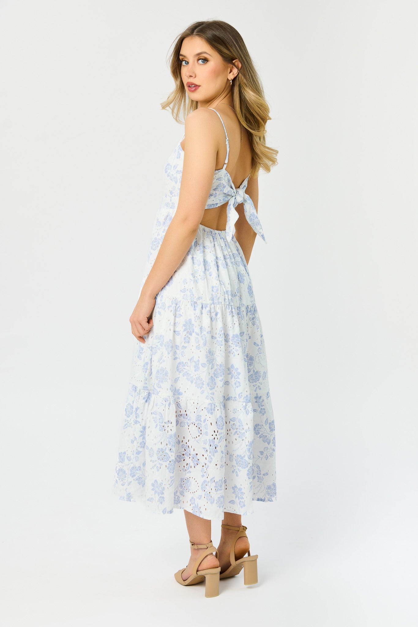 Floral Eyelet Midi Dress with Tie-Back