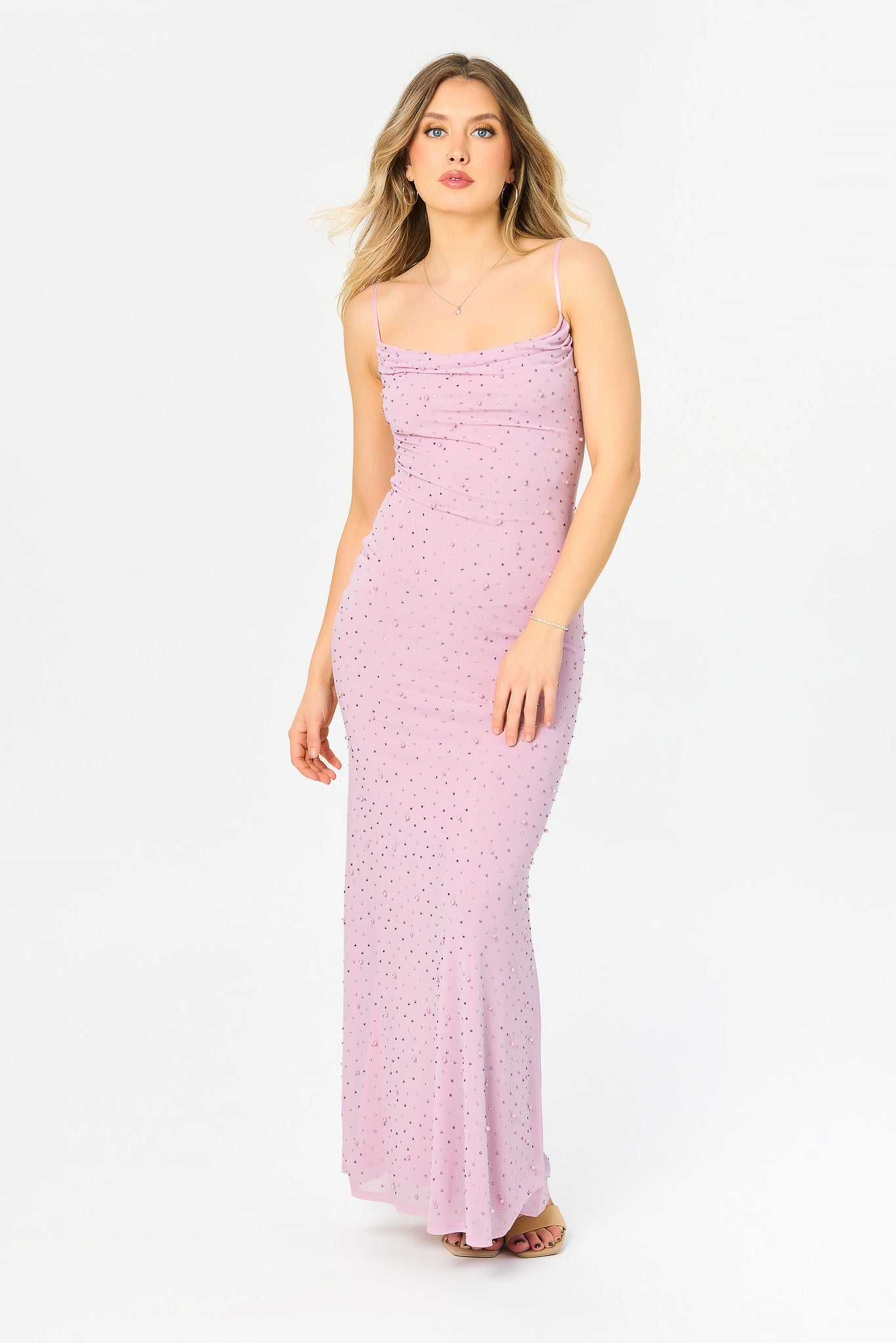 Pearl &amp; Rhinestone Mesh Maxi Dress