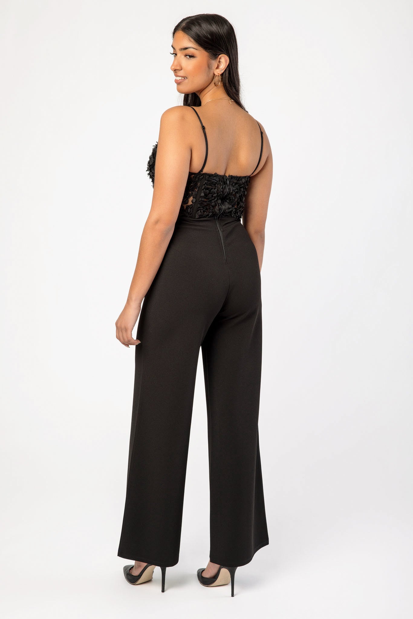 Sweetheart Neckline Spaghetti Strap Jumpsuit with Rosette Corset Bodice