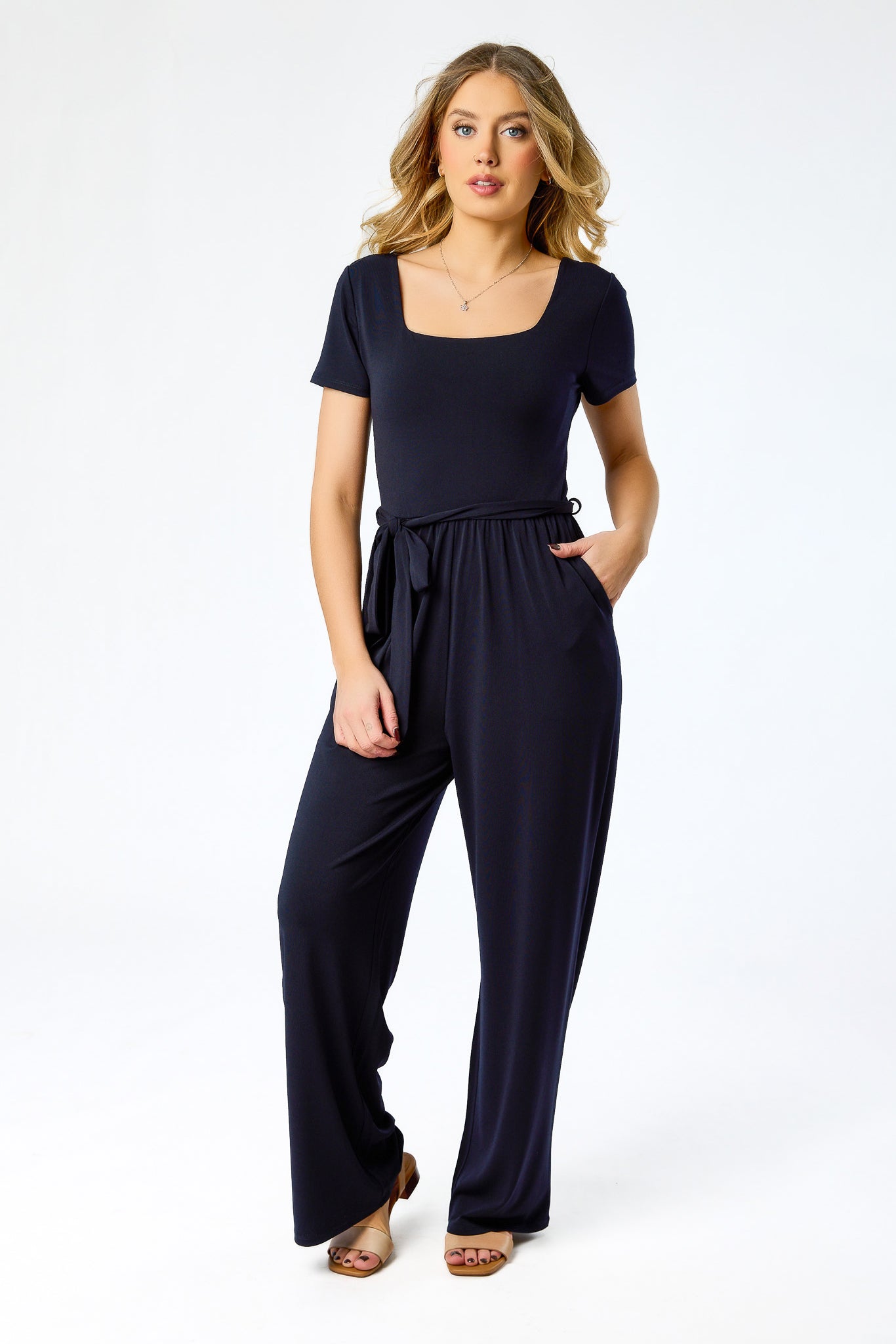 Square-Neck Short-Sleeve Jumpsuit with Tie-Belt