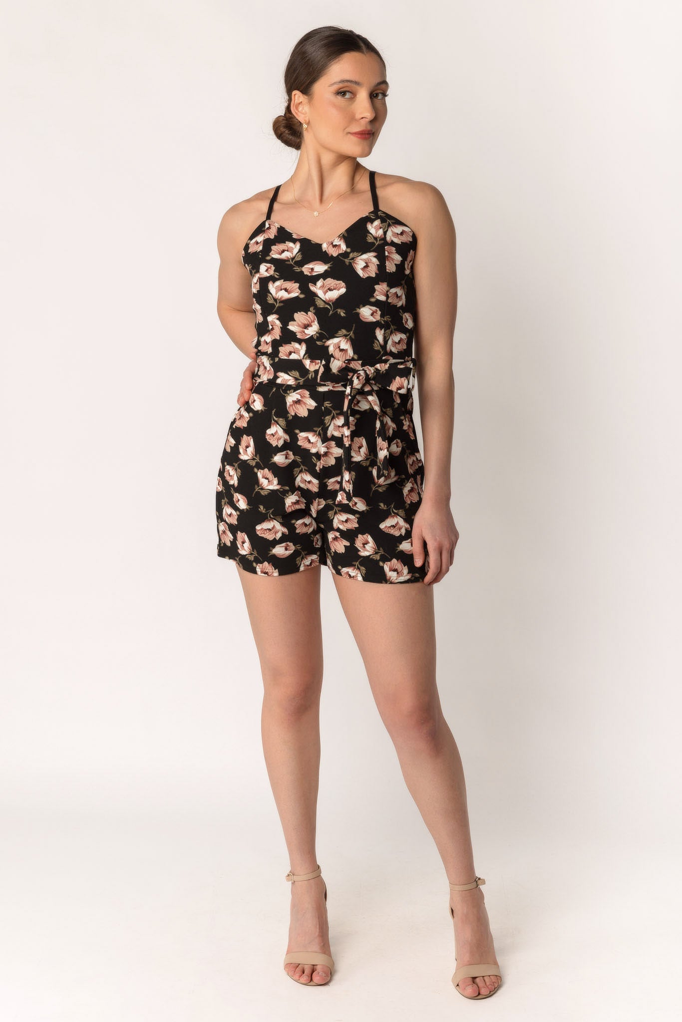Rose Print Romper with Tie-Belt