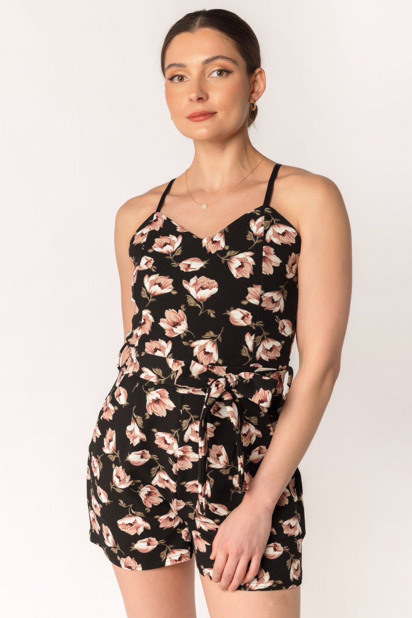 Rose Print Romper with Tie-Belt