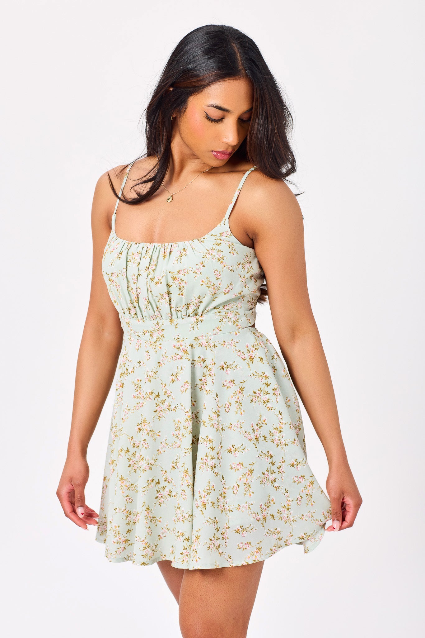 Ditsy Spaghetti-Strap Emma Bust Romper with Tie-Back