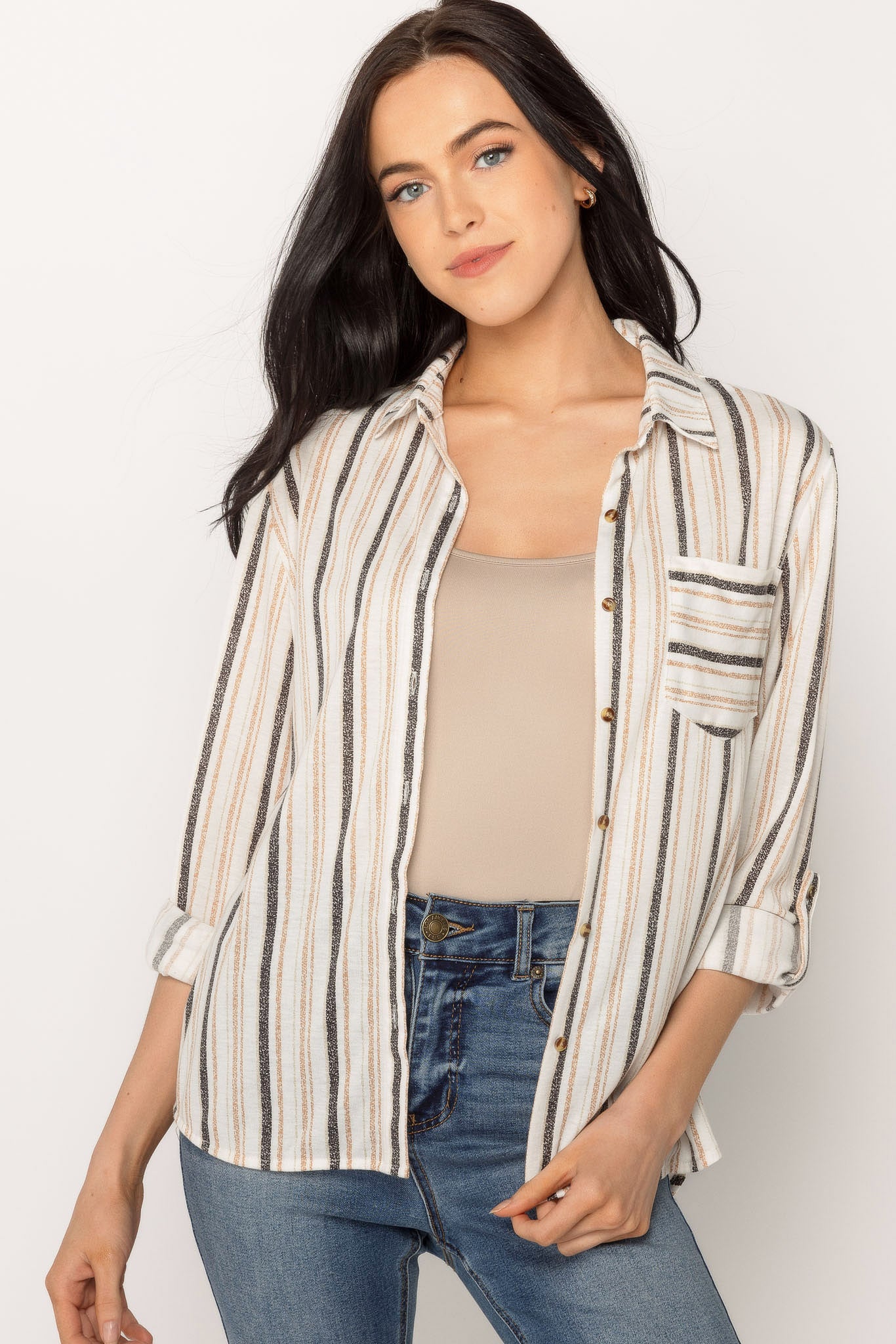 Ivory & Beige Stripe Knit Button-Up Shirt