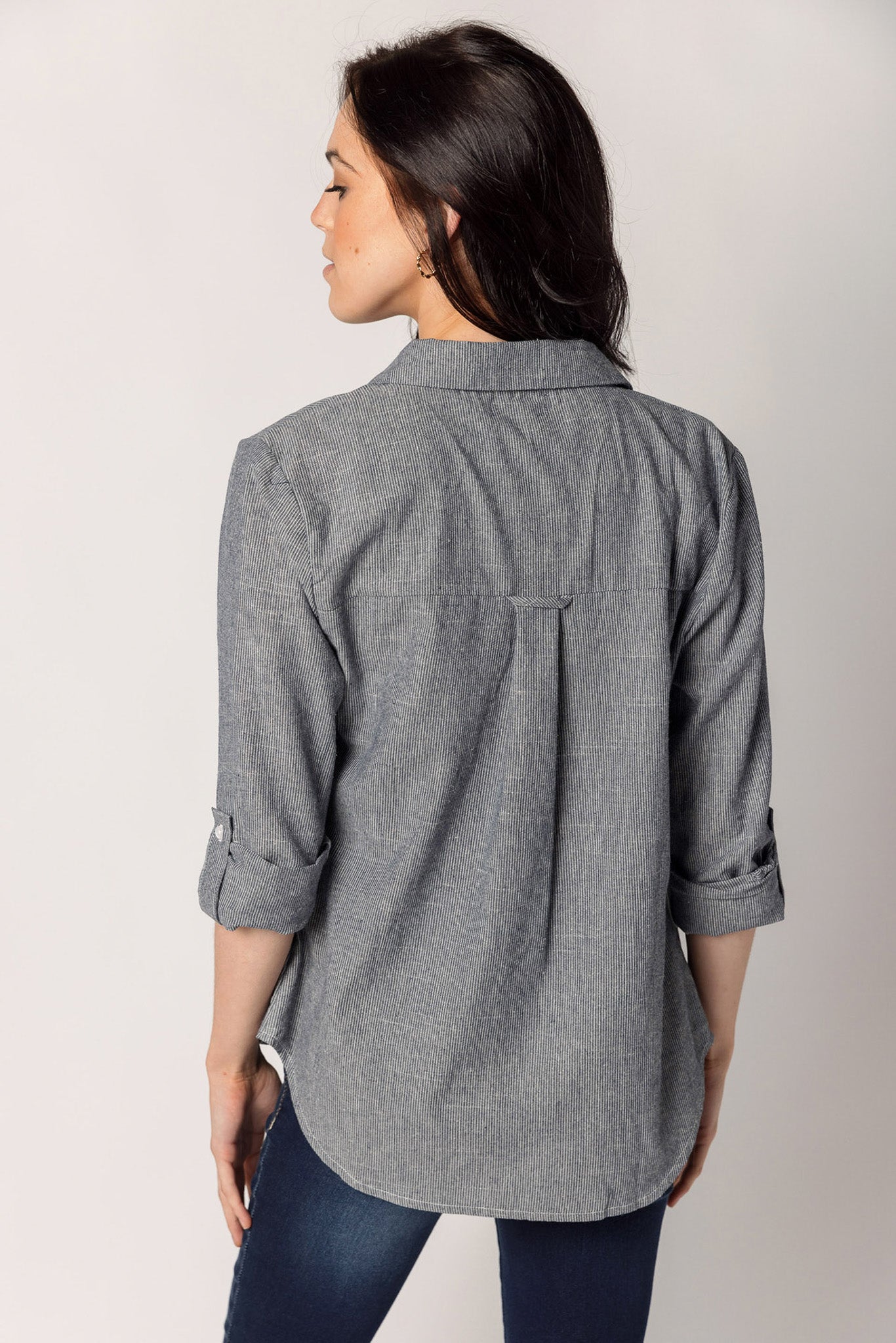 Stripe Denim Shirt with Pocket and Roll-Up Sleeves