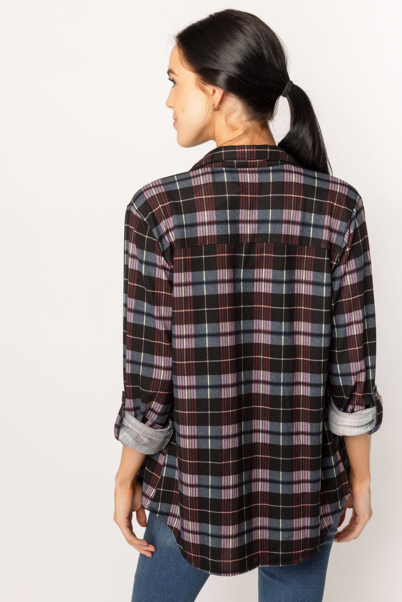Purple Plaid Roll Tab-Sleeve Shirt