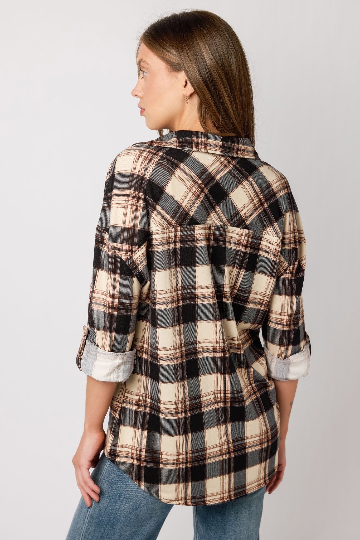 Plaid Knit Shirt with Roll-Up Sleeves