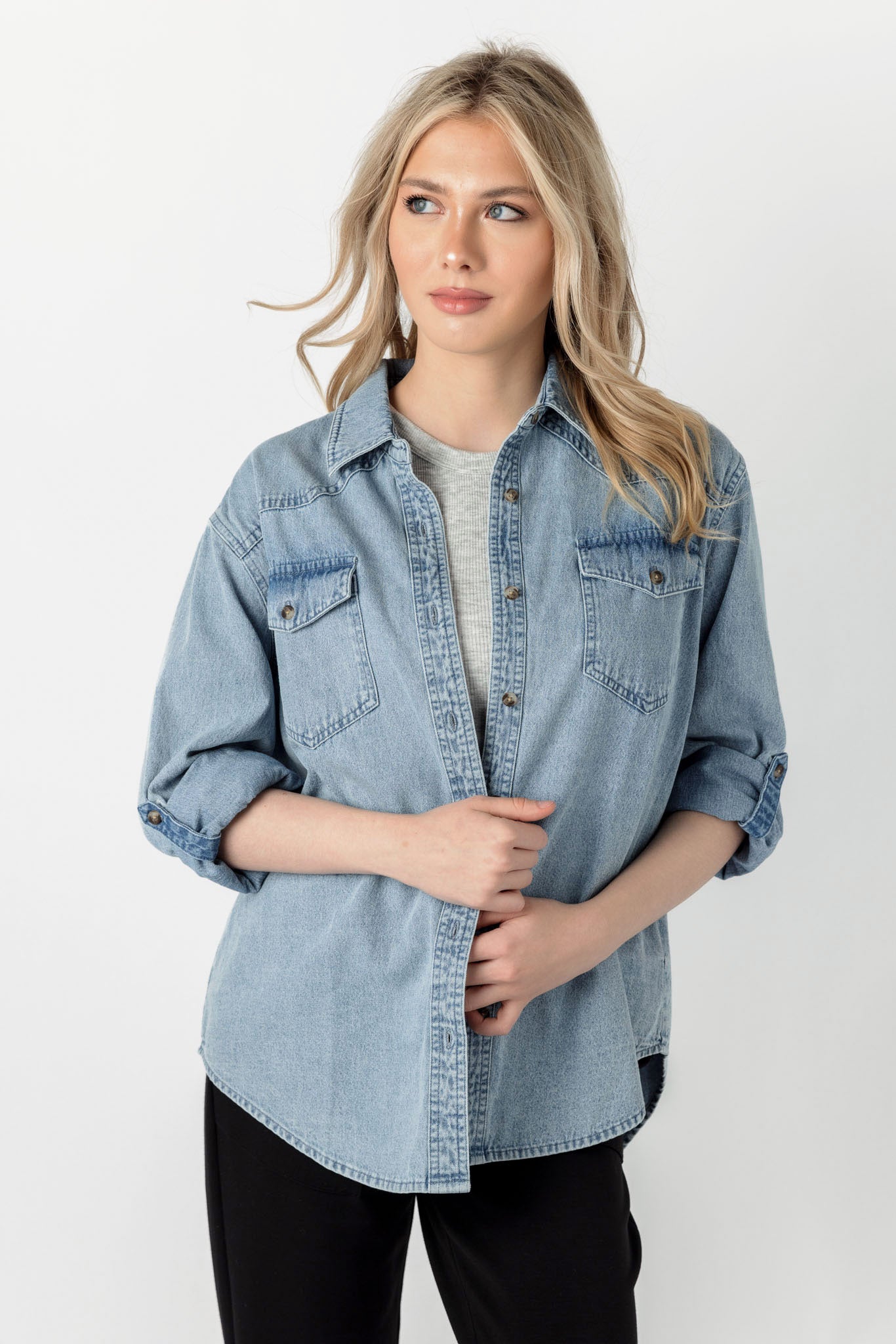 Medium Acid Wash Denim Long-Sleeve Button-Up Shirt