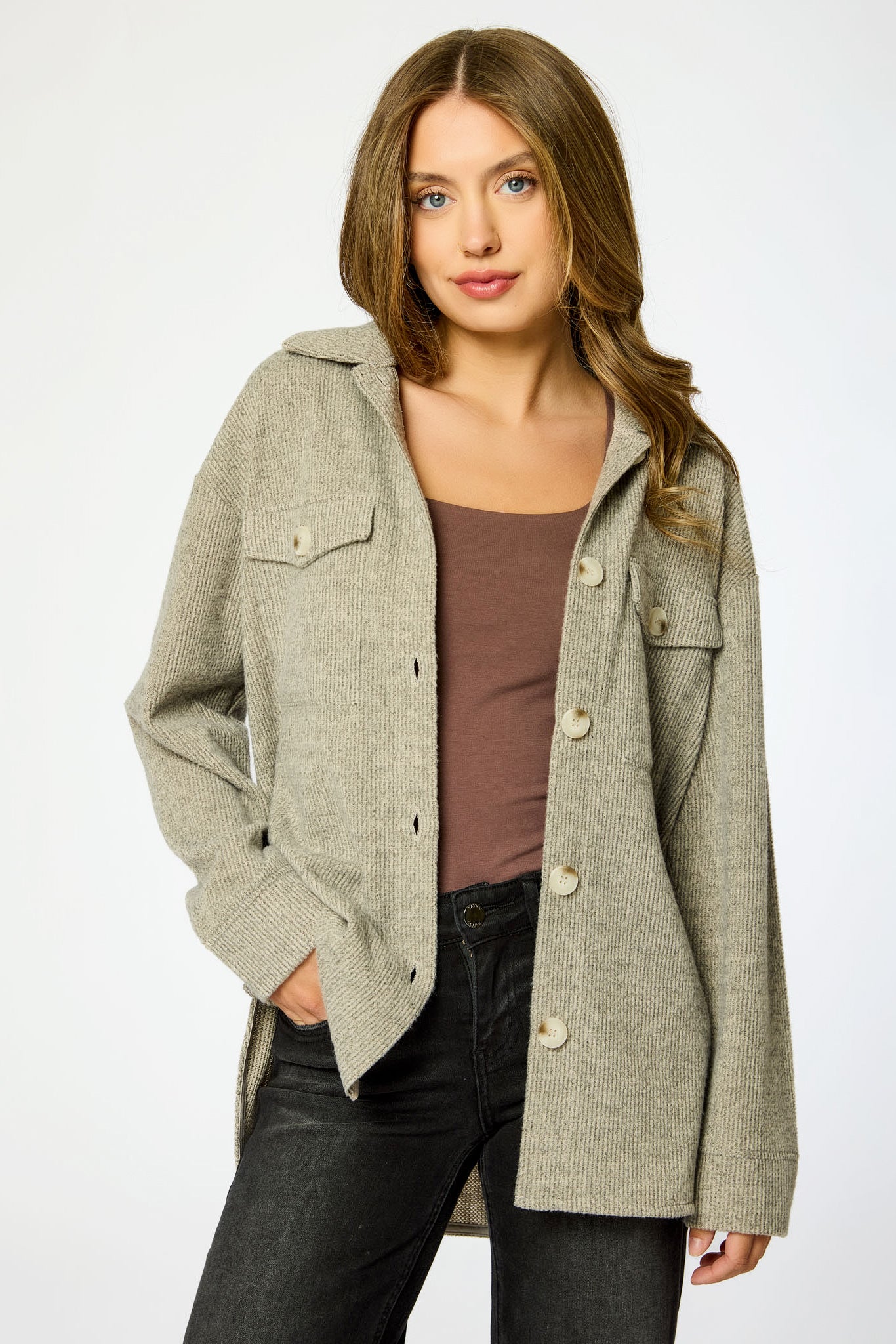 Brushed Waffle Long Sleeve Oversized Shirt