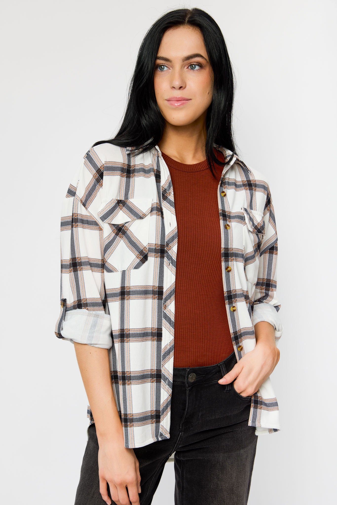 Plaid Long Sleeve Cozy Knit Shirt with Chest Pockets