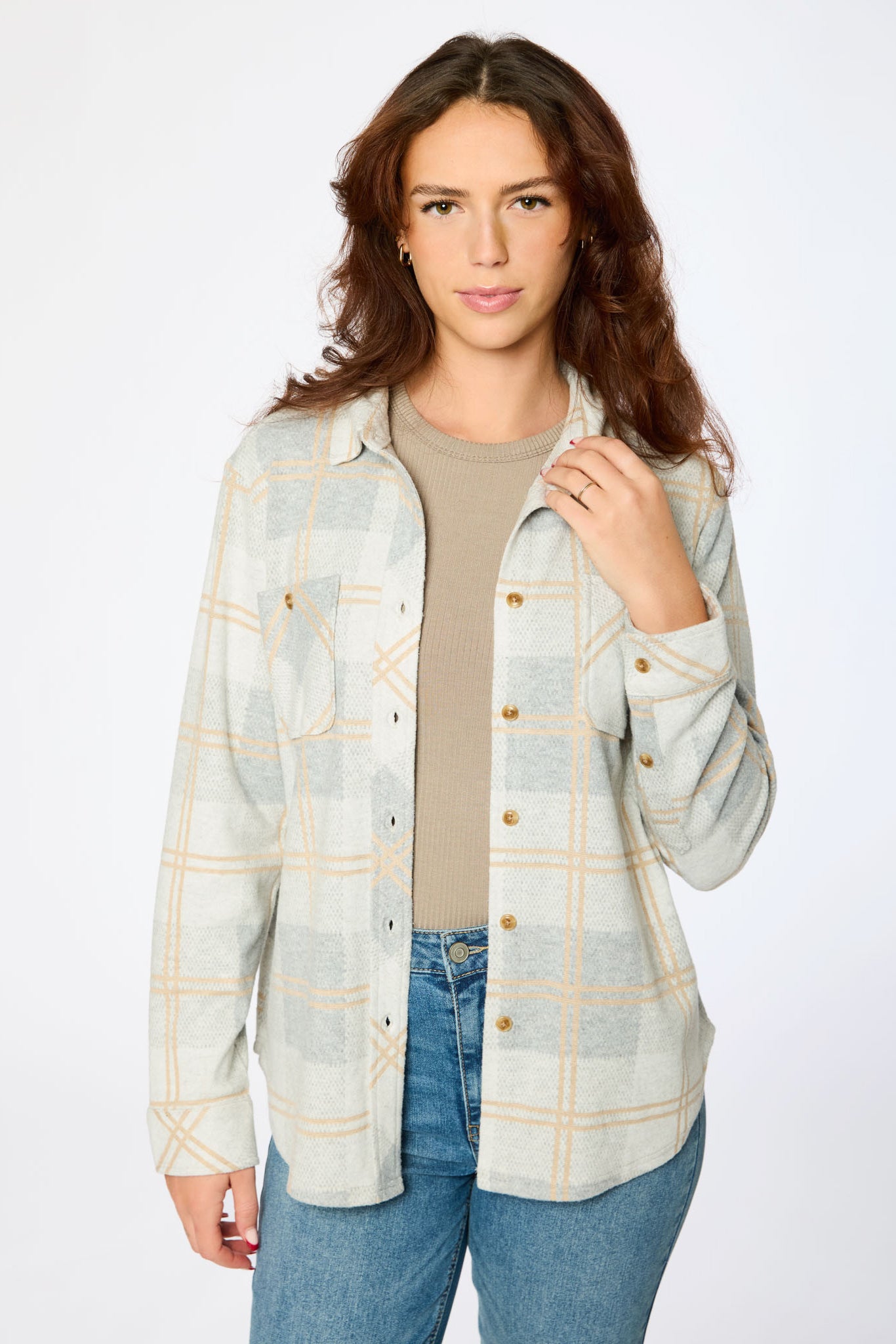 Plaid Brushed Knit Button-Up Shirt