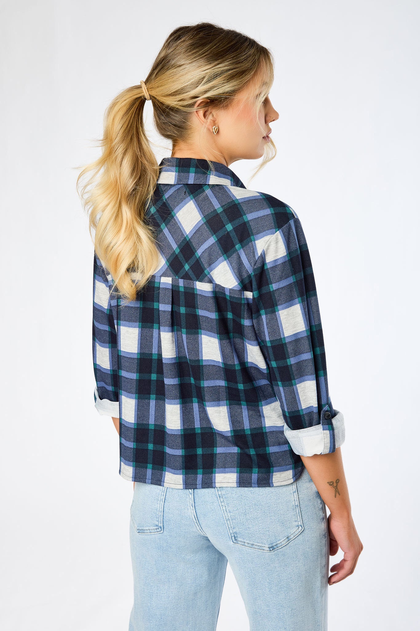Plaid Cropped Button-Up Shirt with Chest Pockets