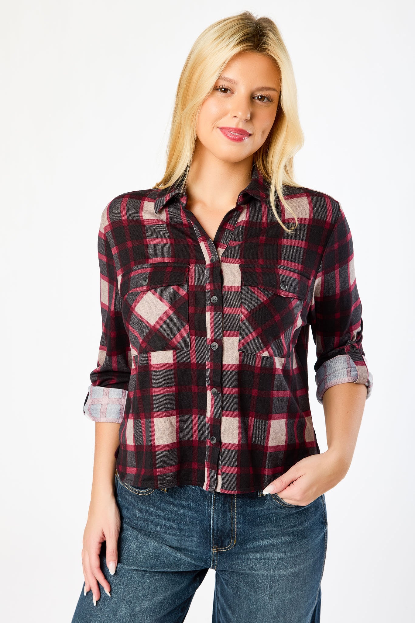 Plaid Cropped Button-Up Shirt with Chest Pockets