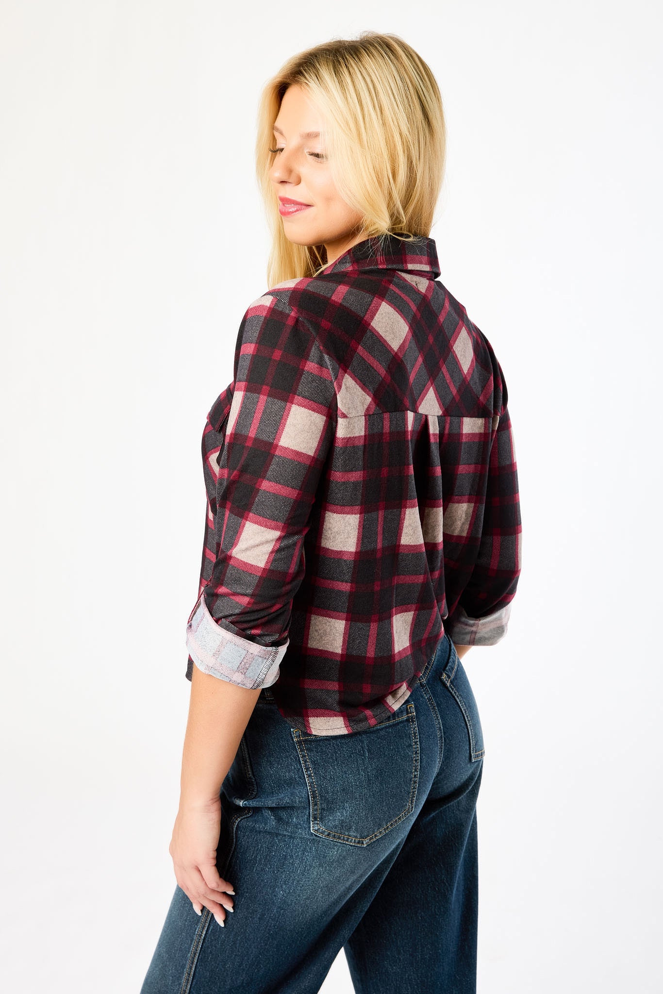 Plaid Cropped Button-Up Shirt with Chest Pockets