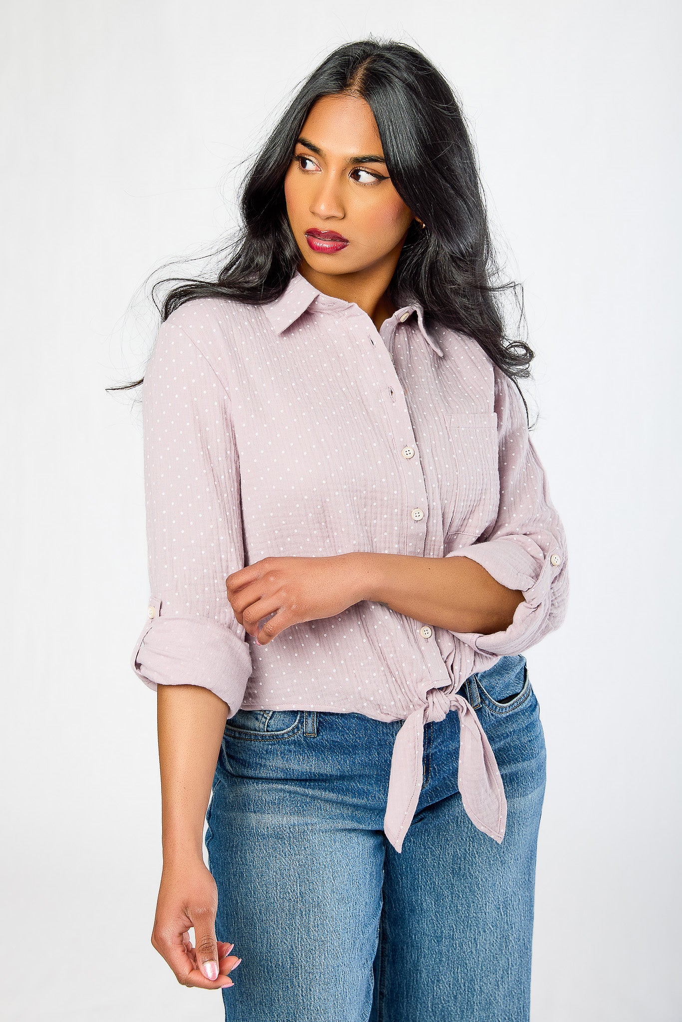 Polka Dot Tie-Front Double Cotton Shirt