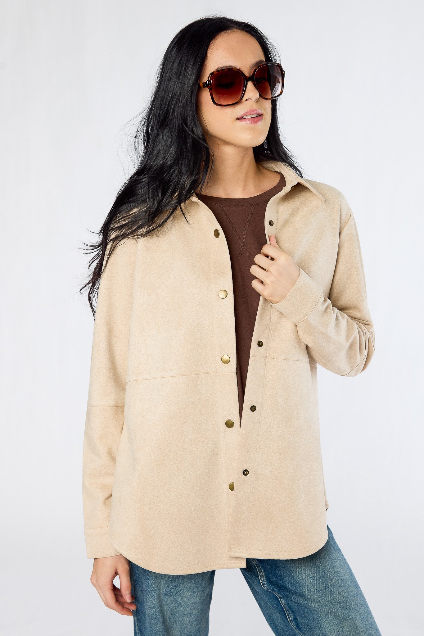 Sueded Snap-Front Shirt with Seam Detail