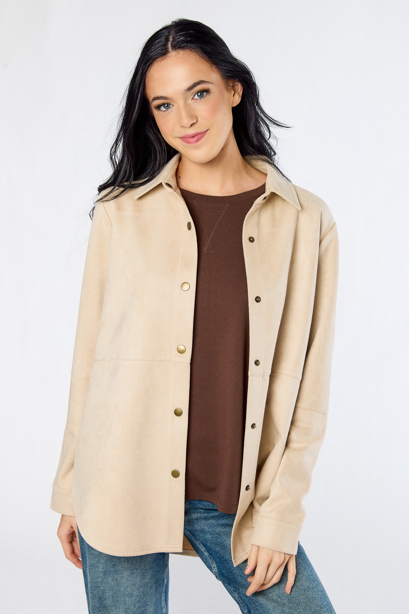 Sueded Snap-Front Shirt with Seam Detail