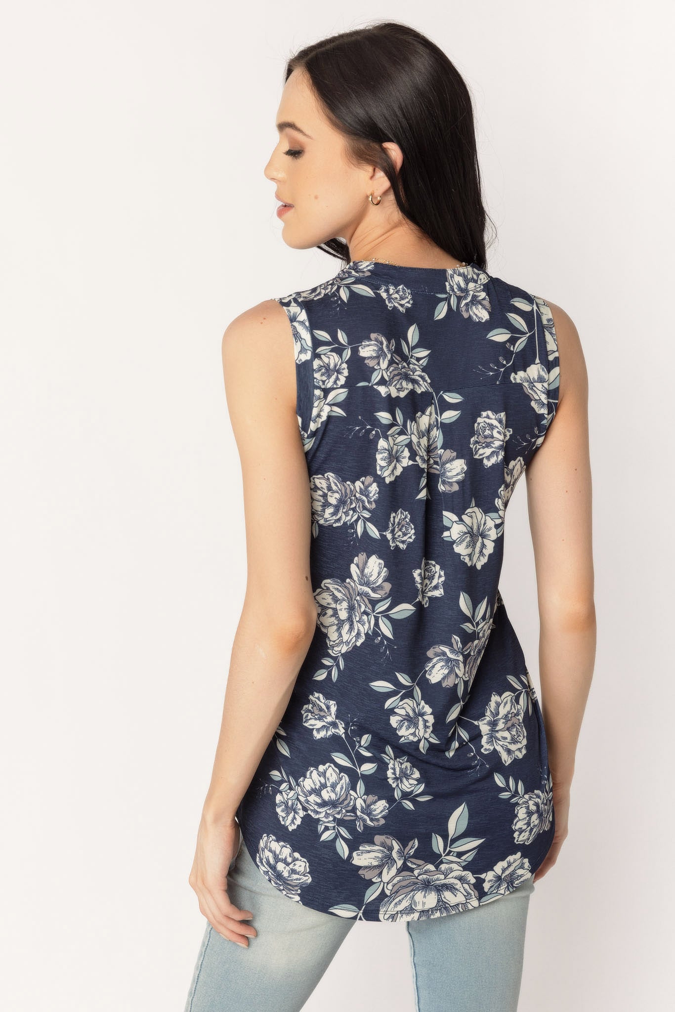 Navy Floral Sleeveless Blouse