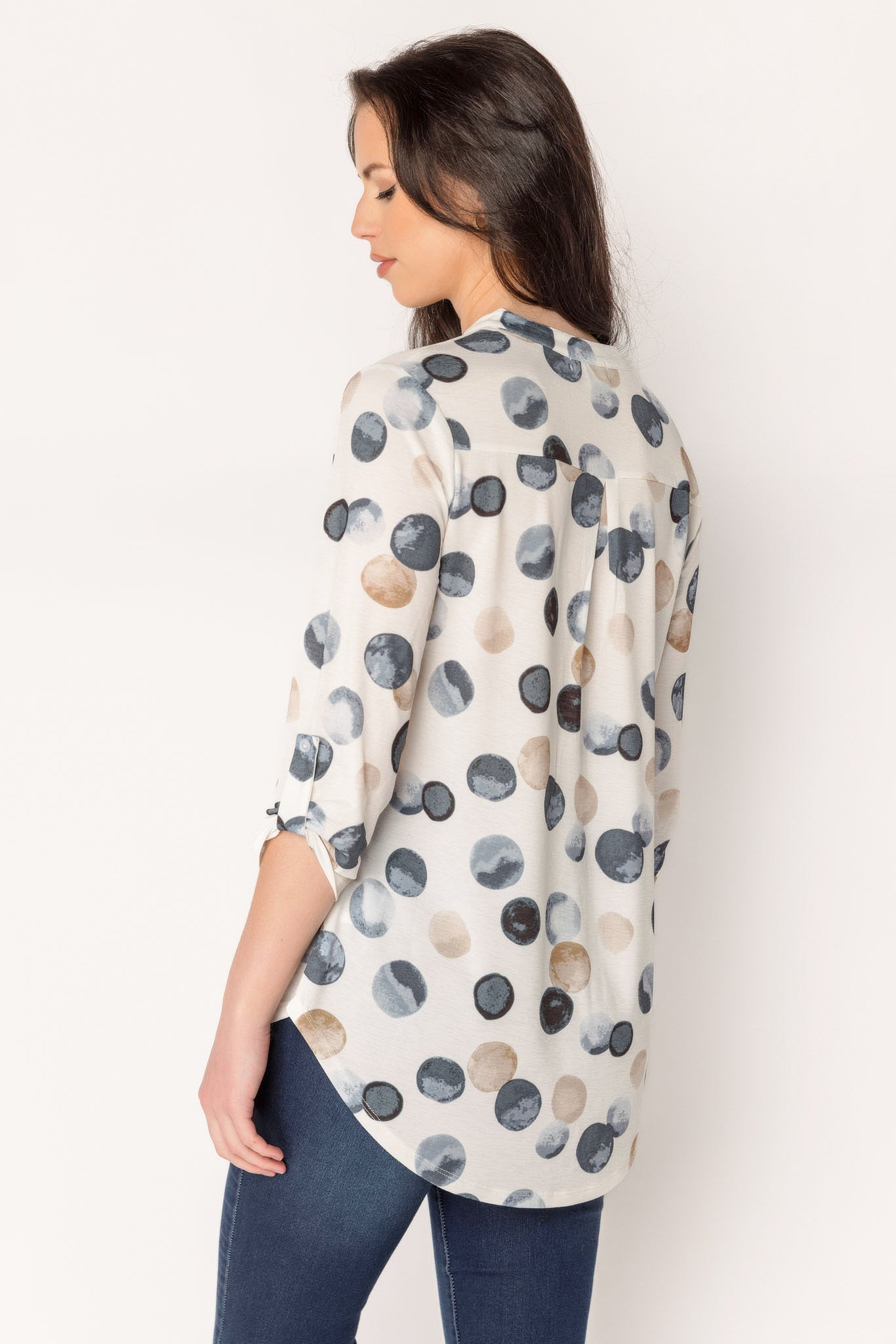 Roll-Tab Sleeve Bulgari Blouse with Split Neckline