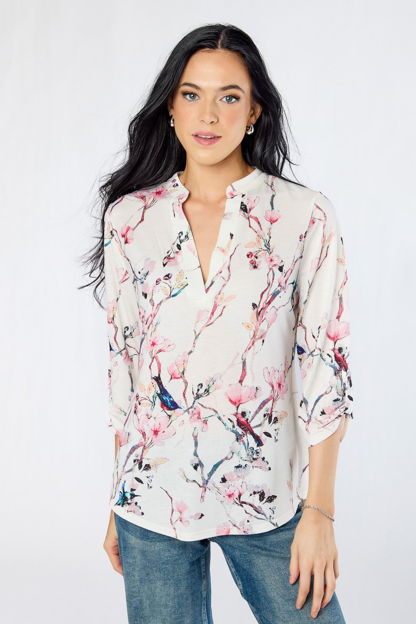 Bulgari Floral &amp; Bird Roll-Tab Blouse