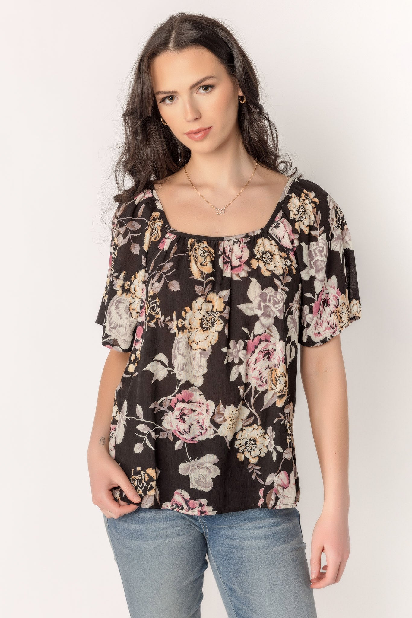 Floral Square Neck Peasant Blouse
