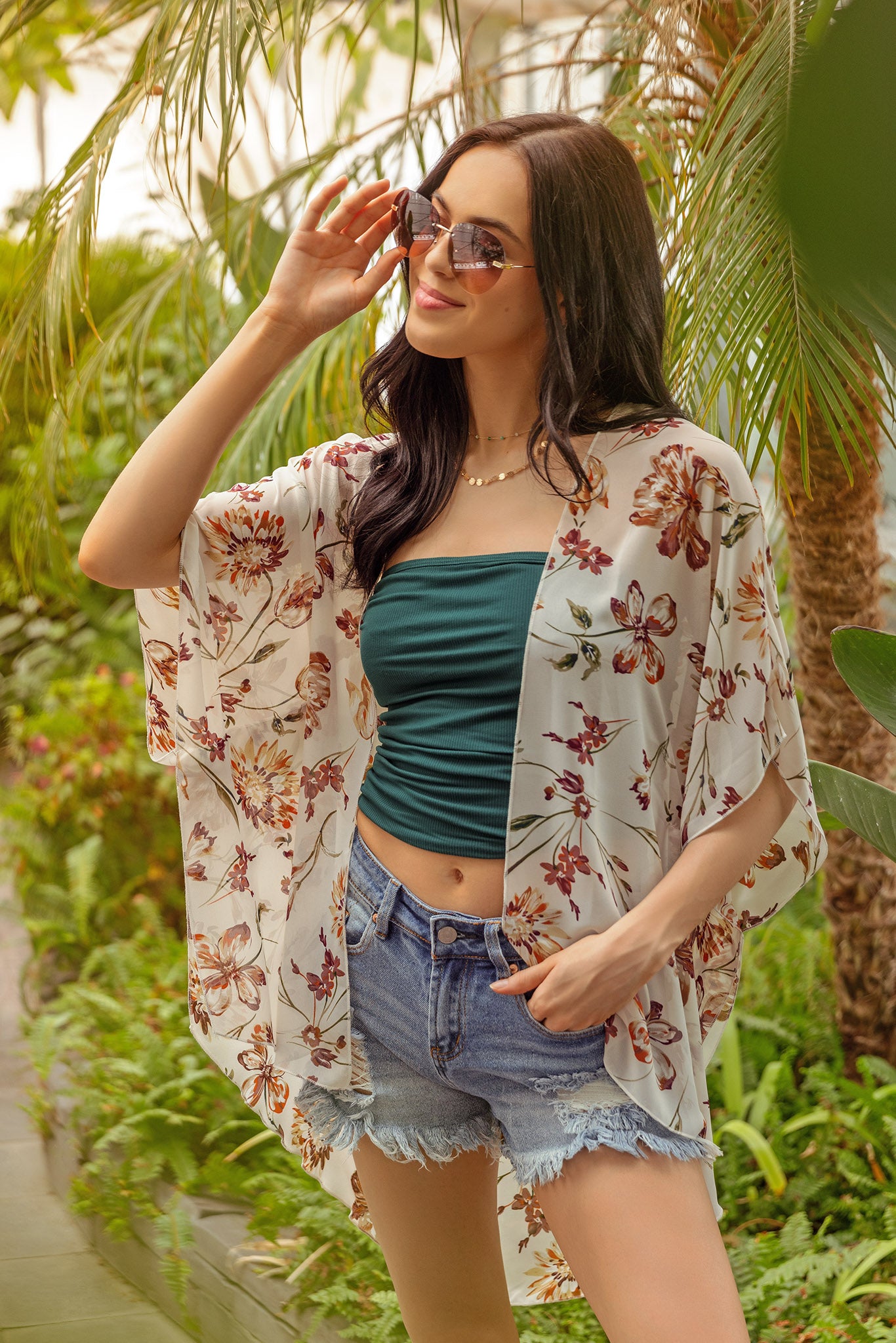 Cream Floral Chiffon Kimono