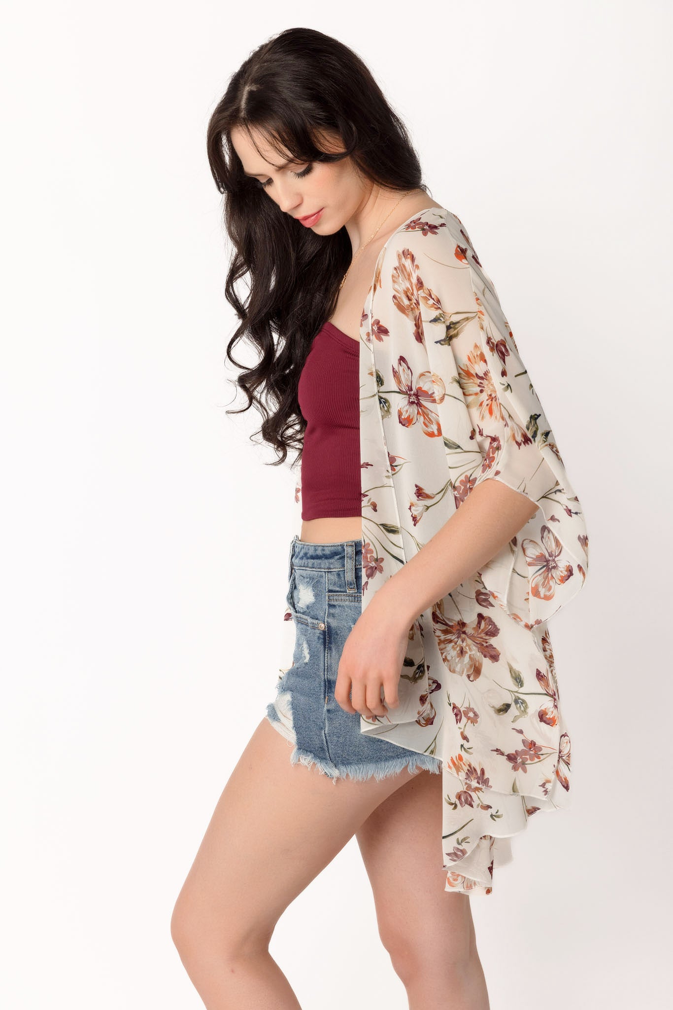 Cream Floral Chiffon Kimono