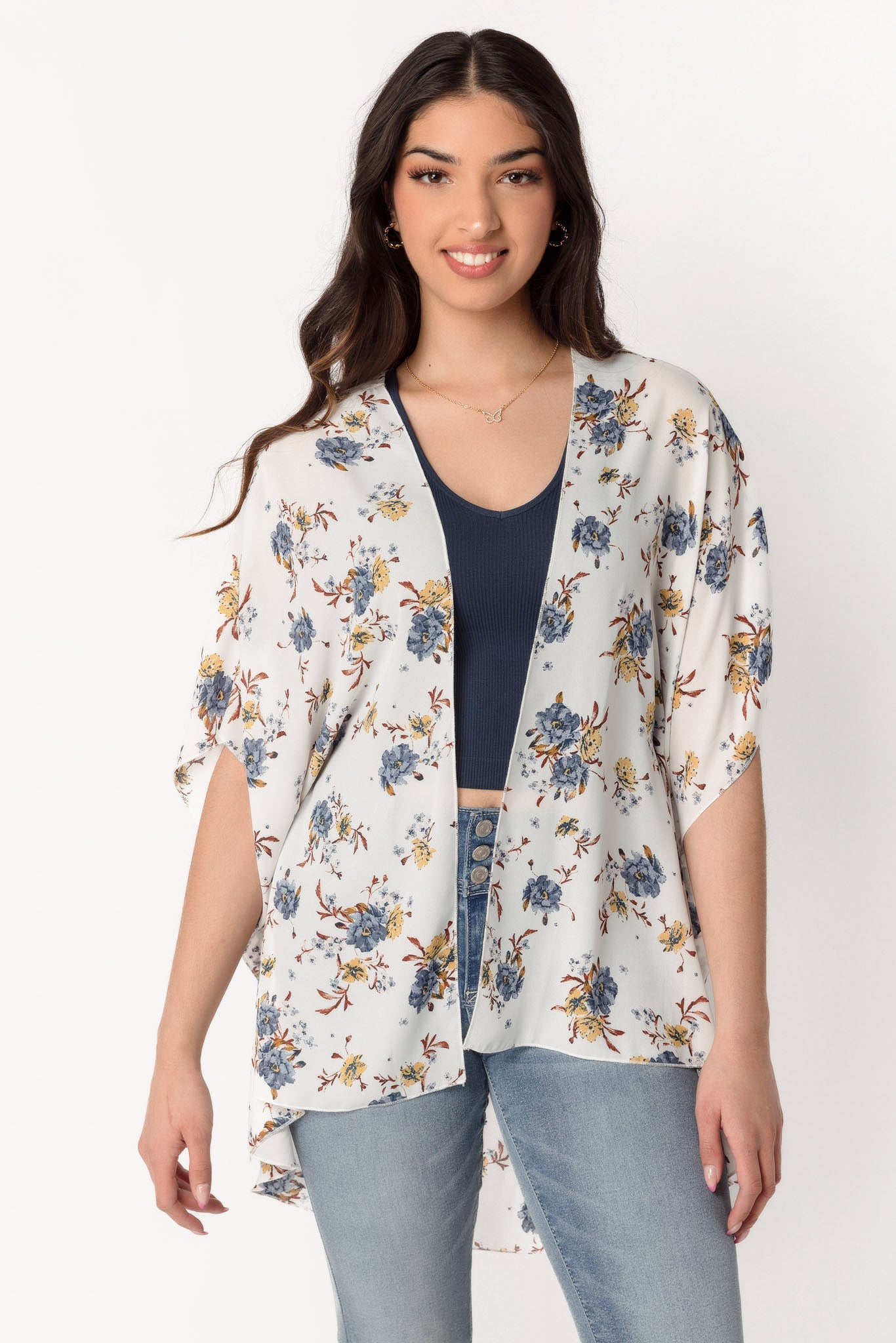 Ivory & Blue Floral Chiffon Kimono